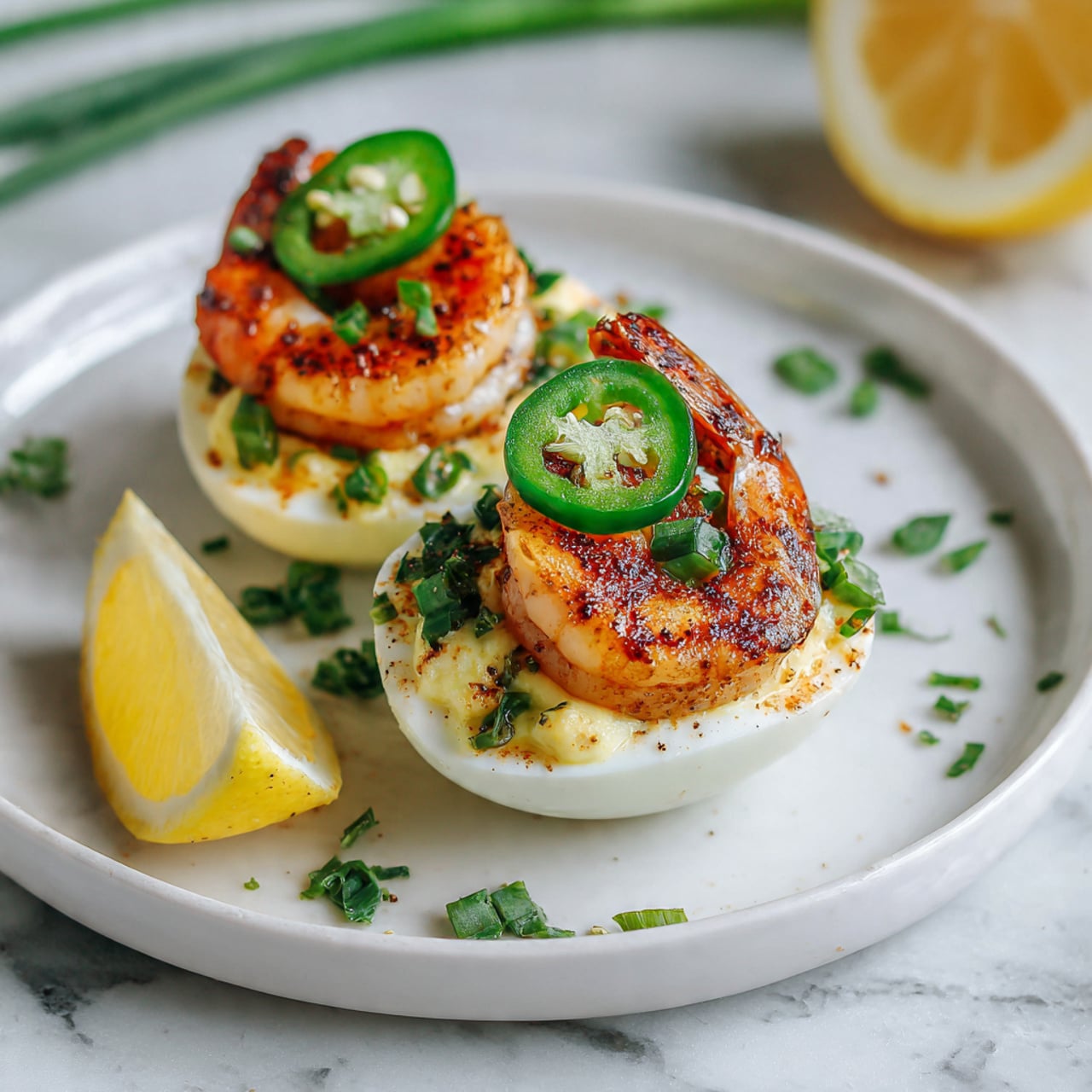 Two deviled eggs are placed on a shiny white plate. Each egg has three layers: the smooth white egg base, a creamy yellow filling in the center, and a topping of a grilled shrimp with a slightly charred orange-brown color. Next to each shrimp are two green slices of jalapeño pepper, and small bits of chopped green herbs are sprinkled on top. On the left side of the plate, there is a wedge of lemon with a pale yellow color. The plate sits on a white marbled surface, with blurred green chives and a lemon in the background. Photo taken with an iphone --ar 4:5 --v 7