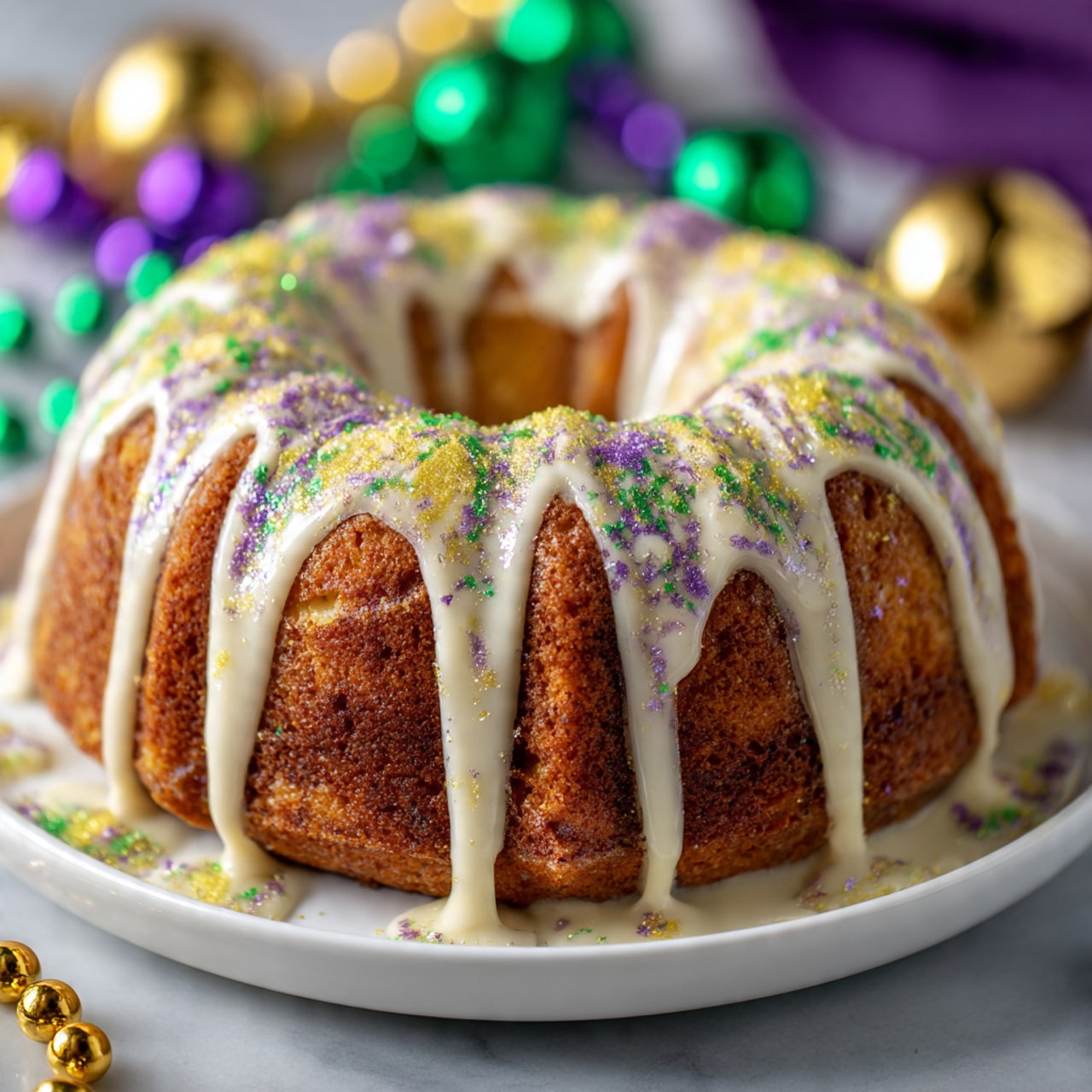 A bundt cake with a golden-brown color sits on a white plate, covered with a thick layer of white icing that drips down the sides in uneven streams. The icing is sprinkled with fine purple, green, and yellow edible glitter, creating a festive look. The cake has a ring shape with deep, curved ridges, and the white marbled surface underneath is also lightly dusted with the colorful glitter. In the background, blurred beads in green, purple, and gold add to the festive atmosphere. photo taken with an iphone --ar 4:5 --v 7