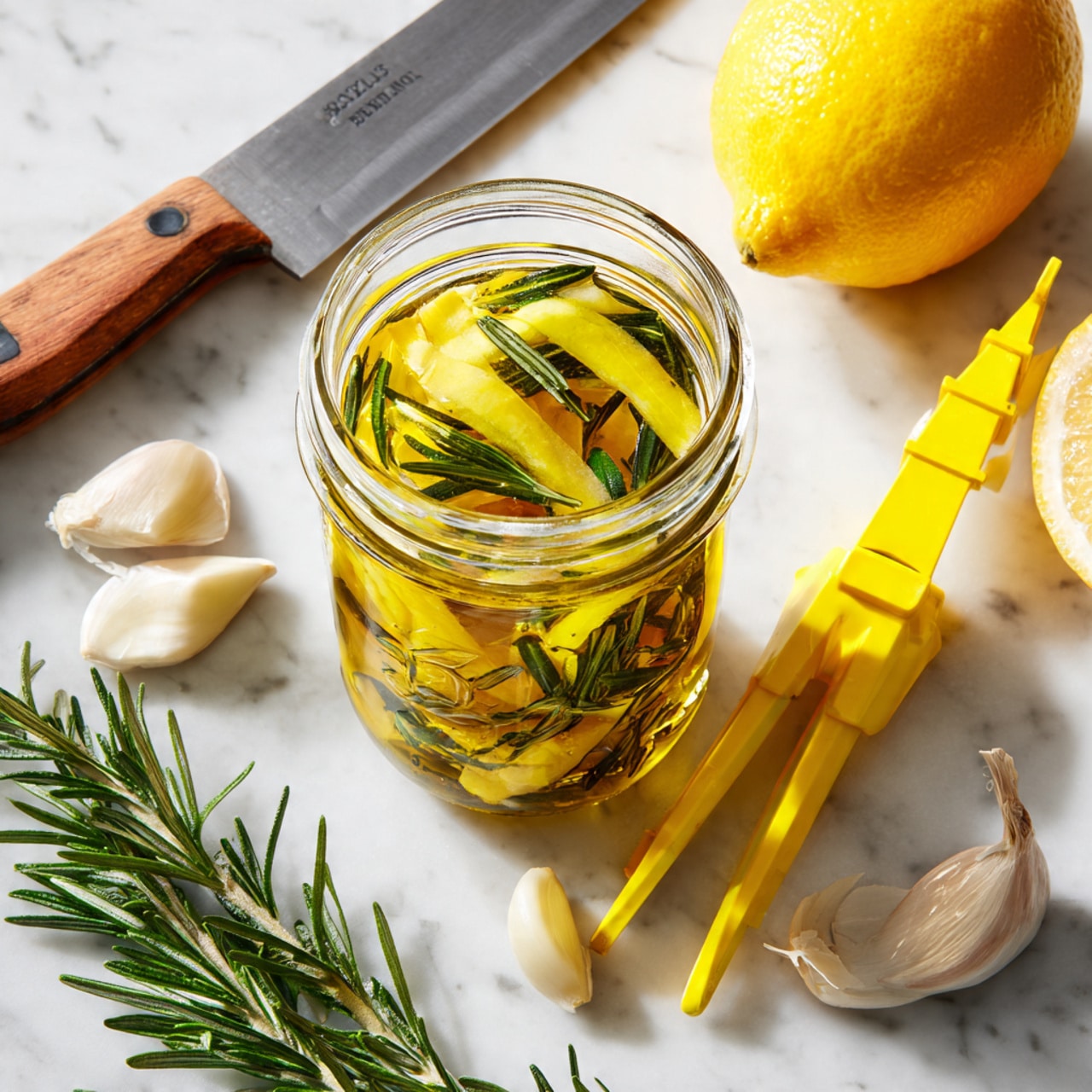 The image shows a small glass jar filled with golden olive oil, lemon peel strips, and green rosemary sprigs inside. Next to the jar on the white marbled surface lies a peeled yellow lemon with skin partially removed in strips, a bright yellow lemon peeler tool, three peeled garlic cloves, and a knife with a wooden handle. A fresh rosemary sprig lays diagonally across the bottom left corner. The scene highlights fresh, natural ingredients in a bright, clean setting. photo taken with an iphone --ar 4:5 --v 7