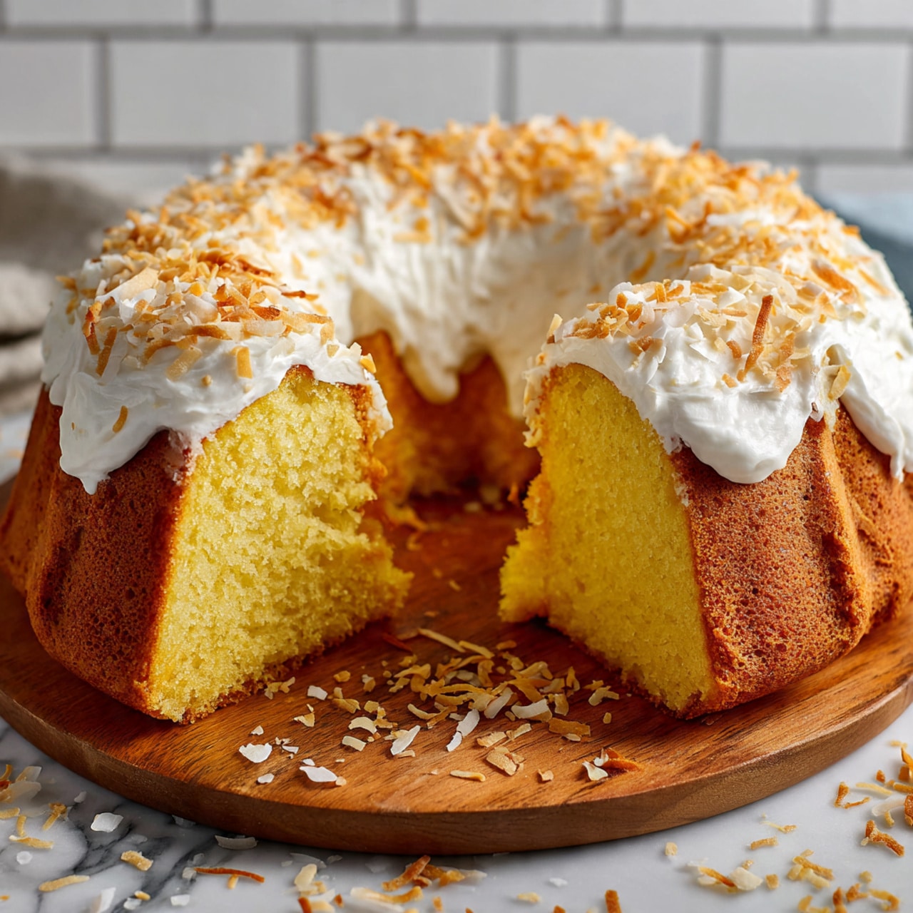 A round, golden yellow bundt cake with a thick layer of white frosting spread unevenly on top, sprinkled generously with toasted shredded coconut. One slice of the cake is lifted above the rest, showing a moist, soft crumb inside that is a consistent yellow color. The cake sits on a wooden board with scattered coconut flakes around it. The background is a white tiled wall and the surface is a white marbled texture. photo taken with an iphone --ar 4:5 --v 7