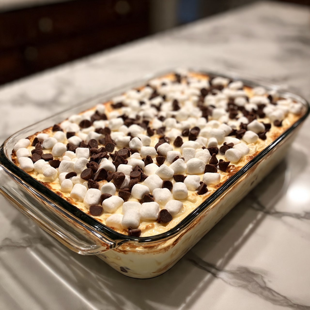 A glass rectangular dish filled with a thick, smooth beige layer at the bottom, covered evenly by a layer of small white marshmallows and dark brown chocolate chips scattered all over. The dish is placed on a white marbled surface. photo taken with an iphone --ar 4:5 --v 7