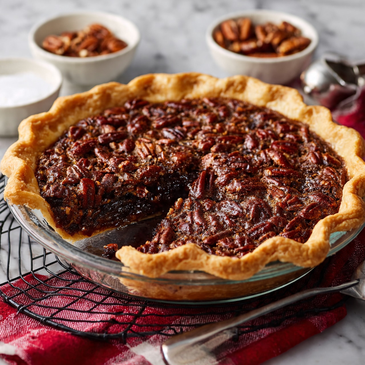 A slice of pecan pie with three visible layers: the top layer is dark brown pecan halves, shiny and slightly textured, covering the entire surface; the middle layer is a golden brown, sticky filling beneath the pecans, slightly translucent; the bottom layer is a light golden, flaky pie crust with a folded edge, crisply holding the pie together. The slice is placed on a white plate with a detailed lace-like edge, lying on a white marbled surface. Two silver forks rest on the plate near the pie slice, and a few small pecan pieces are scattered in front of the slice. The photo is close-up and softly lit, showing texture and detail clearly. photo taken with an iphone --ar 4:5 --v 7