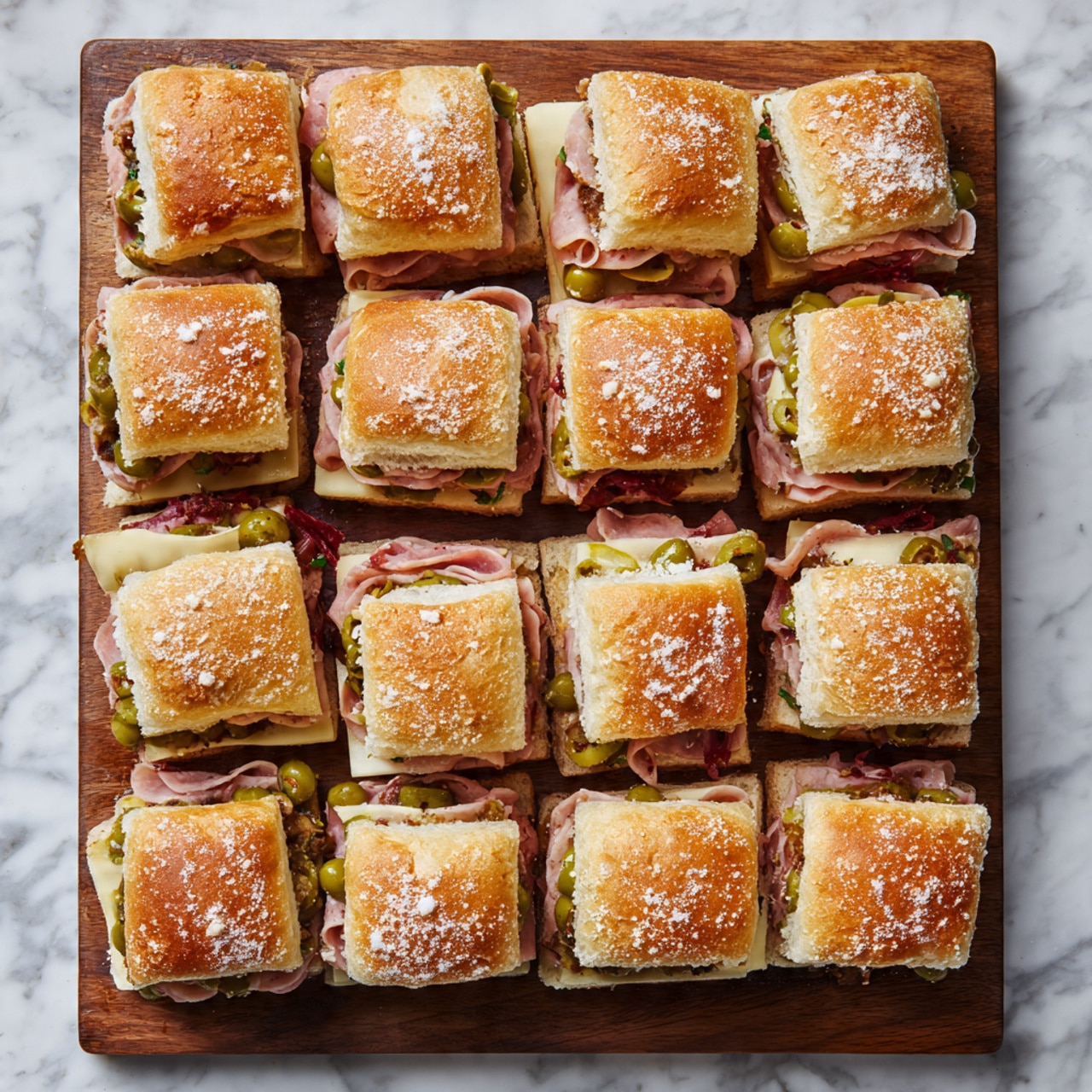 The image shows a wooden board with 15 square sandwich sliders arranged in a 3 by 5 grid. Each slider has a top layer of golden-brown bread dusted lightly with white flour. Inside, there are visible layers of thinly sliced pink deli meats, green chopped olives, red pieces (likely pimentos), and some pale cheese slices, with all ingredients packed neatly between the bread pieces. The wooden board is placed on a surface with white marbled texture. photo taken with an iphone --ar 4:5 --v 7