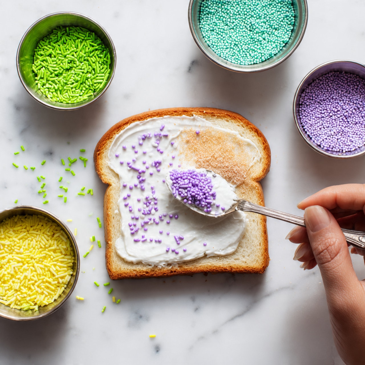 A slice of white bread lies flat on a white marbled surface, covered with a smooth white spread. The top right part of the bread has a sprinkle of light brown powder, while the upper left side is decorated with small, round purple sprinkles. A silver spoon held by a woman's hand hovers just above the bottom left corner, holding bright green rod-shaped sprinkles, some of which have started to scatter on the bread. Nearby, three small metal bowls containing more sprinkles in green, yellow, and purple sit on the white marbled background. Photo taken with an iphone --ar 4:5 --v 7