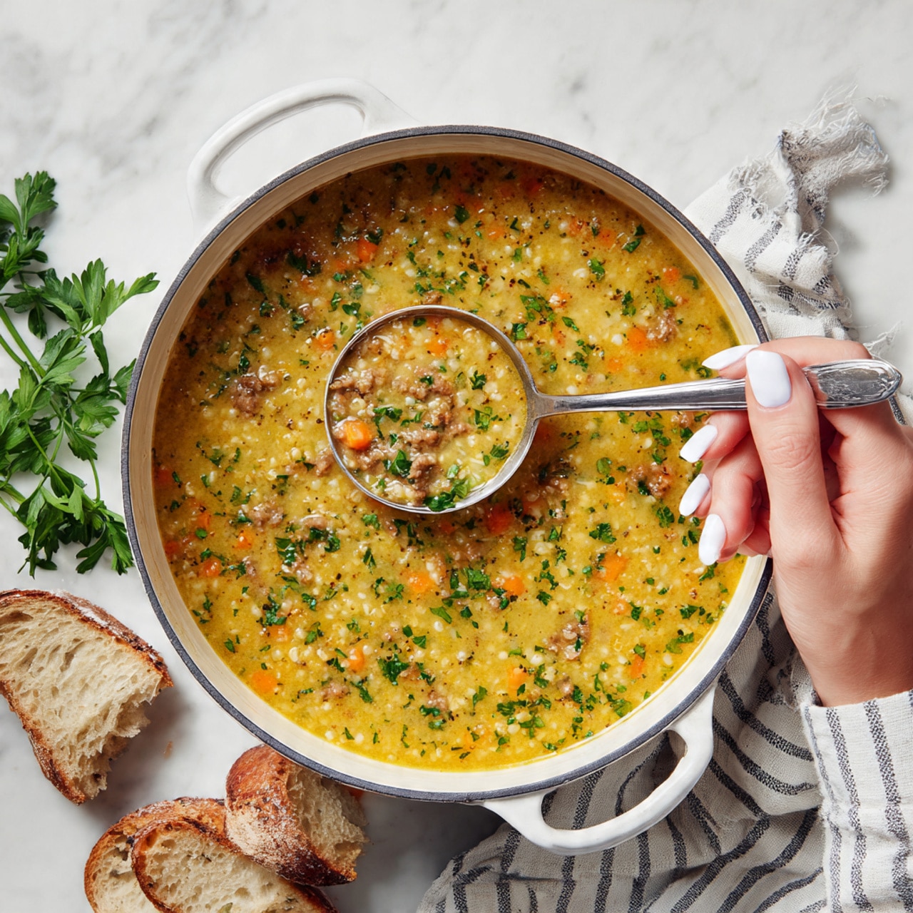 A white bowl on a white marbled surface holds a thick, beige soup with small white beans and pieces of orange carrot and bits of meat spread throughout. A single slice of toasted bread, golden brown with a slightly crispy texture, is placed leaning inside the bowl on the left side. The soup has a creamy, hearty texture with small specks of green herbs and black pepper visible on the surface. Part of a striped cloth is visible in the lower left corner, adding a touch of contrast. Photo taken with an iphone --ar 4:5 --v 7