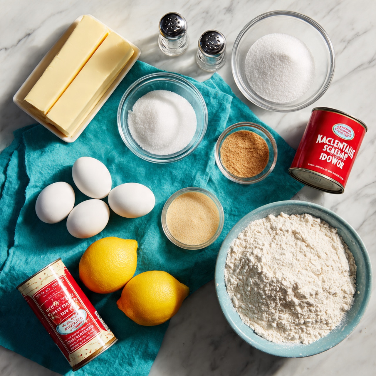 The image shows a top view of baking ingredients arranged neatly on a white marbled surface. In the center bottom, there is a large clear glass bowl filled with white flour. To its right, a small red can of baking powder with colorful labeling stands upright. Above it, a small clear glass bowl holds light brown sugar. Above that, a larger clear glass bowl is filled with white granulated sugar. On the left side of the image, two whole lemons and four white eggs rest on a teal cloth towel. Near the top left corner, two sticks of pale yellow unsalted butter lie side by side. Above the sugar bowl, a clear shaker contains white salt. Near the lemons, a carton of red heavy cream is positioned. In the middle right area, a small red and white can of sweetened condensed milk is placed. The colors are bright, and the textures of the ingredients are clear. The composition is clean and organized. photo taken with an iphone --ar 4:5 --v 7