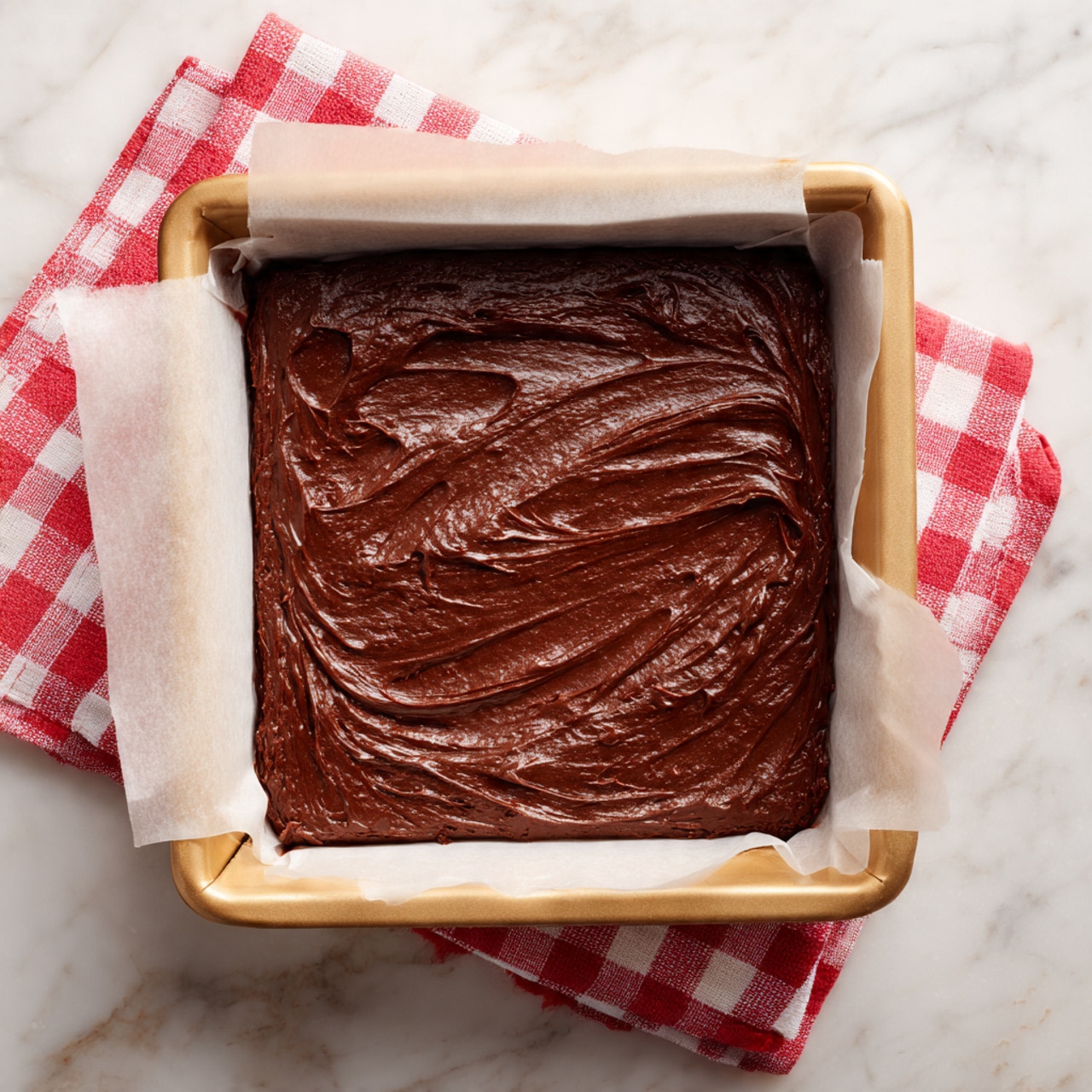 A square baking pan lined with white parchment paper holds a single thick layer of dark brown chocolate batter. The batter's surface is smooth but has visible swirled textures and slight height differences, showing it has been spread but not yet baked. The pan sits on a white marbled surface with a red and white checkered cloth partially visible underneath the pan's corner. photo taken with an iphone --ar 4:5 --v 7