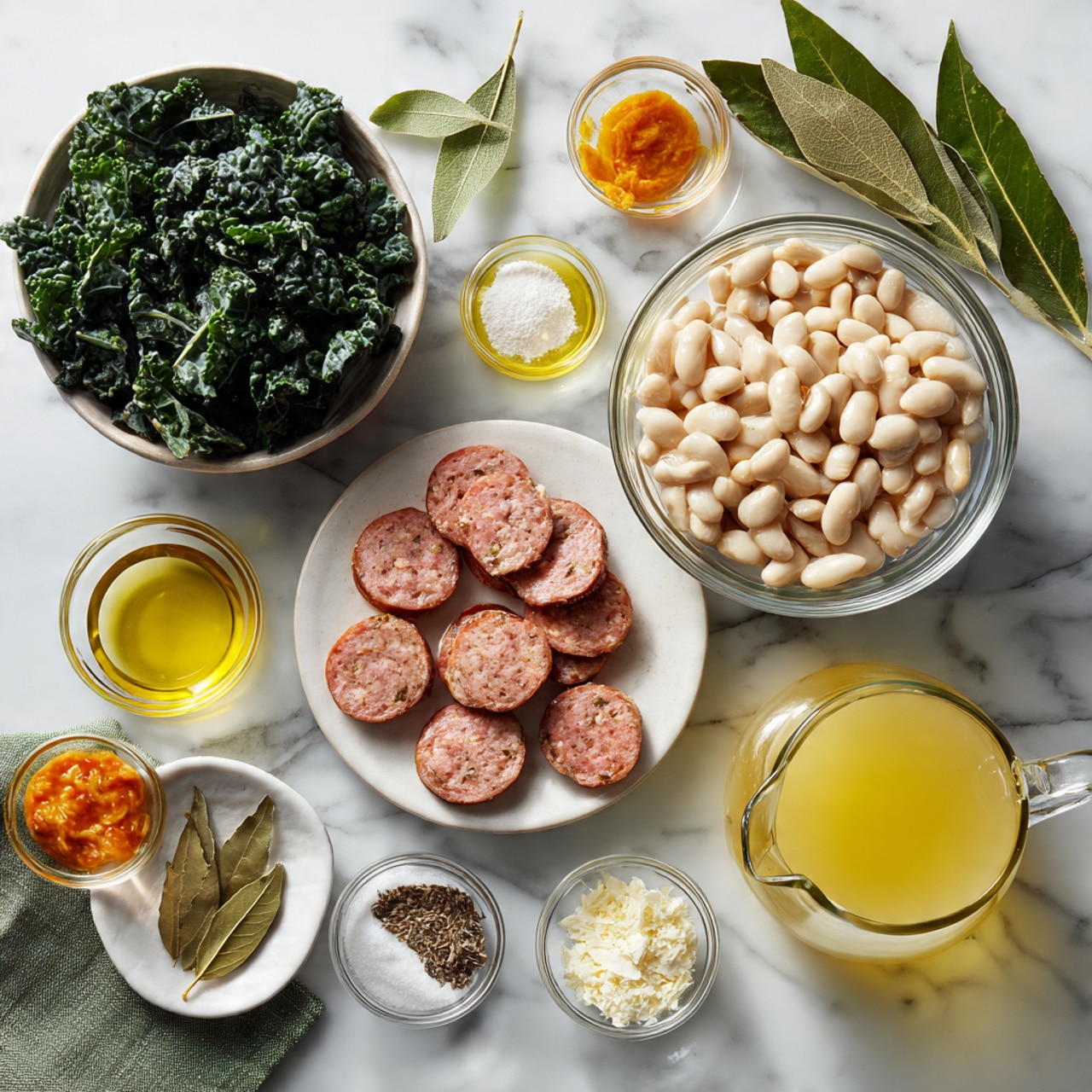 The image shows ingredients for a meal laid out on a white marbled surface, each in clear glass bowls or small glass containers. One large bowl is filled with chopped dark green kale leaves. Another large bowl contains light beige canned white beans. There is a medium bowl with round slices of sausage that are reddish-brown with pink centers. A large measuring cup holds light yellow chicken broth. Around these are several small glass containers with yellow olive oil, minced light yellow garlic, white or light beige powders labeled garlic powder and pepper, a small glass bowl of white or off-white grated cheese labeled feta or parmesan, a tiny bowl with orange hot pepper sauce, and a small dish holding a single brown bay leaf and another with white salt. A small white bowl with dry white beans sits next to a folded green cloth with bay leaves. The arrangement is neat and well spaced. Photo taken with an iphone --ar 4:5 --v 7
