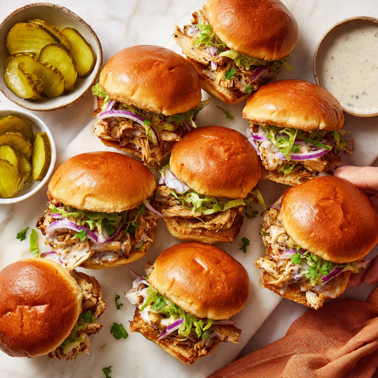 The image shows nine golden brown sandwich sliders arranged on a white marbled surface, each topped with small green herb pieces and a light glaze. Each slider has a soft bun with a shiny top layer, slightly toasted, and a visible filling inside. The filling consists of grilled white chicken pieces layered with green shredded lettuce and thin slices of purple onion. The sliders are arranged closely together, some split open to show the inside. To the side, there are small white bowls filled with sliced pickles and a creamy sauce with a speckled texture. There is also a woman's hand holding one slider to the right side of the image. A soft, orange cloth is partially visible in the lower left corner. photo taken with an iphone --ar 4:5 --v 7