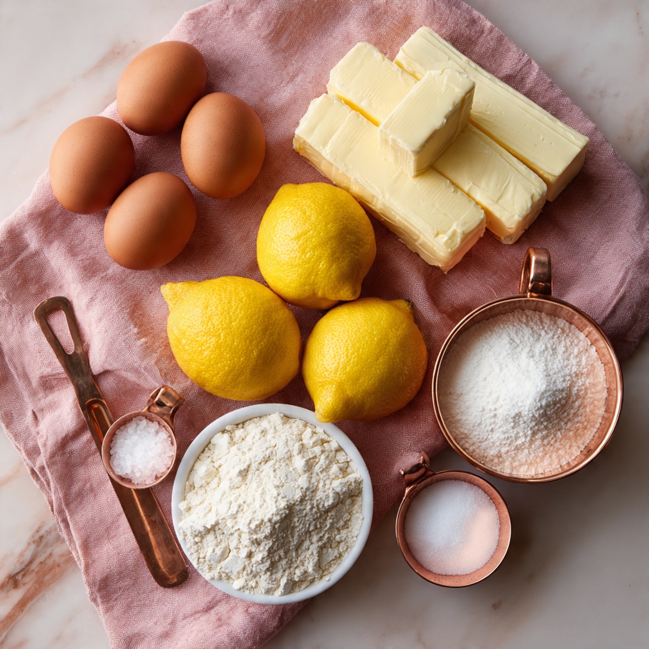The image shows baking ingredients arranged on a soft pink cloth over a white marbled surface. On the left side, there are seven brown eggs grouped together. Above them, two sticks of butter wrapped in paper sit side by side. In the middle, six bright yellow lemons are piled closely. To the right, there is a copper measuring cup filled with white powdered sugar placed near the top. Below the lemons, there is a white measuring cup filled with sugar next to a small copper spoon holding salt on the left side. On the bottom right, there is another copper measuring cup filled with white flour. The overall setting has a soft, natural light. photo taken with an iphone --ar 4:5 --v 7