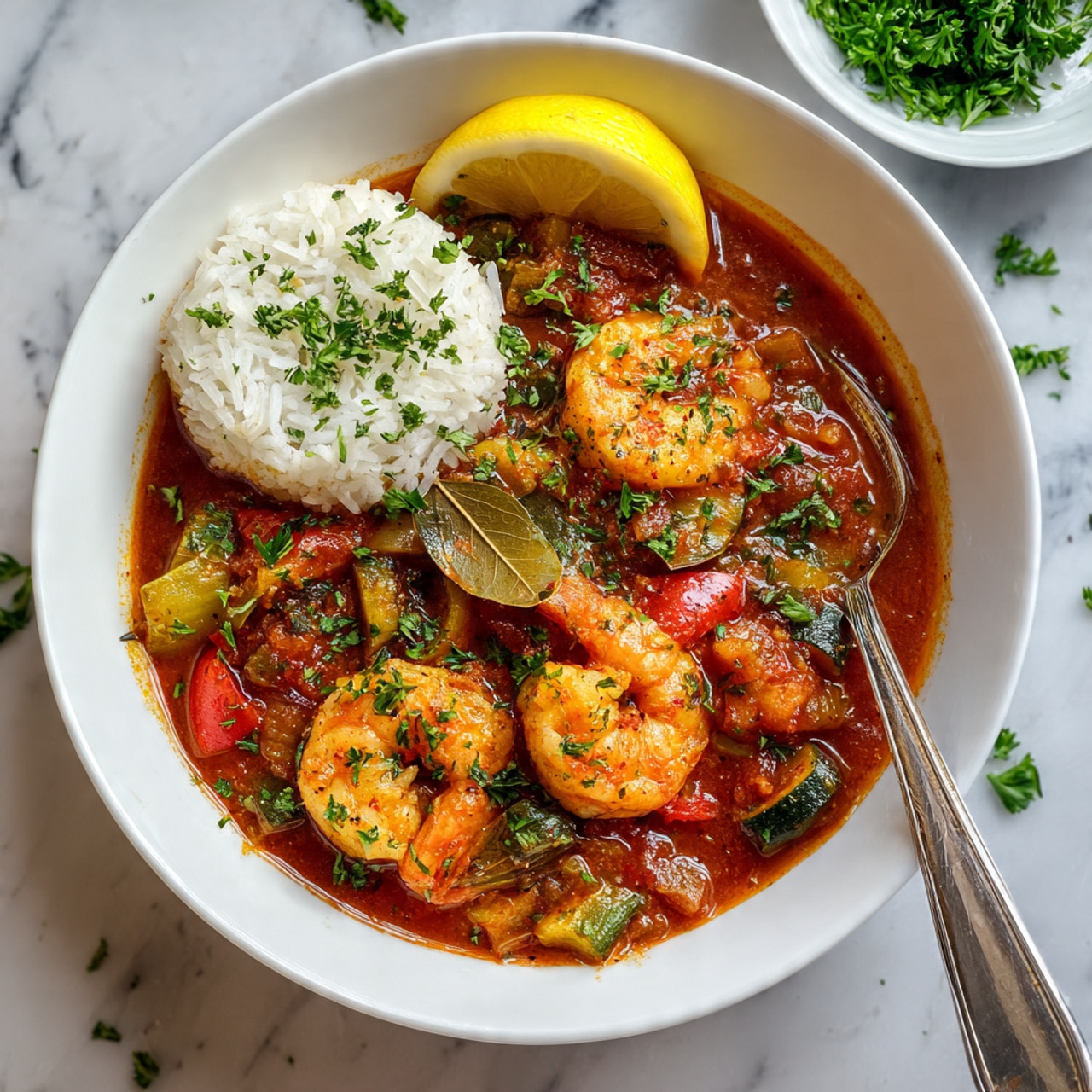 The dish shows a white bowl filled with a rich red tomato-based stew mixed with green and red vegetables, topped with several orange shrimp garnished with small green parsley leaves. On one side of the bowl, there is a round mound of white rice with some parsley sprinkled on top. A bright yellow lemon wedge rests on the edge, and a bay leaf sits partly submerged in the stew near a silver spoon inside the bowl. The bowl is set on a white marbled surface with some parsley leaves scattered around and a small corner of another dish with more parsley visible in the top right corner photo taken with an iphone --ar 4:5 --v 7
