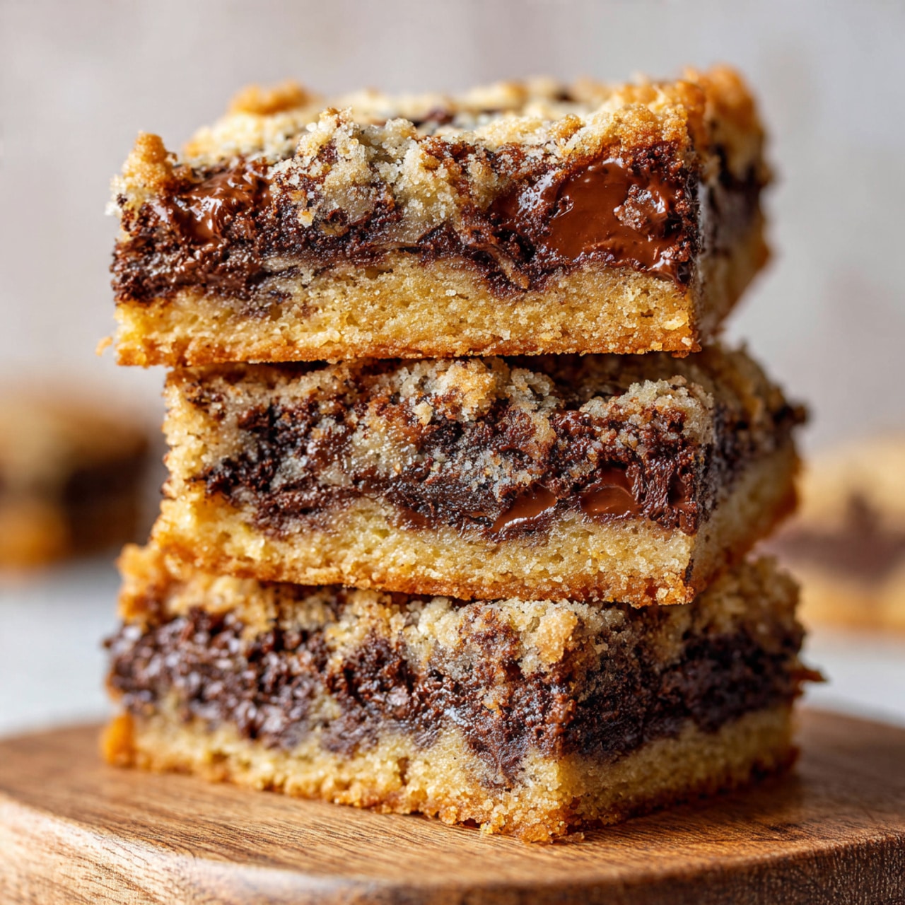 The image shows several square pieces of a light brown baked dessert with a cracked surface on top, placed on a white speckled plate. Each piece has two visible layers: a pale yellow, soft-looking base and a slightly darker, cracked top layer with chocolate pieces embedded near the middle. One piece in the front has a small bite taken out, revealing the moist texture inside. The plate rests on a white marbled surface with a black and white checkered cloth partially visible beneath it. Photo taken with an iphone --ar 4:5 --v 7
