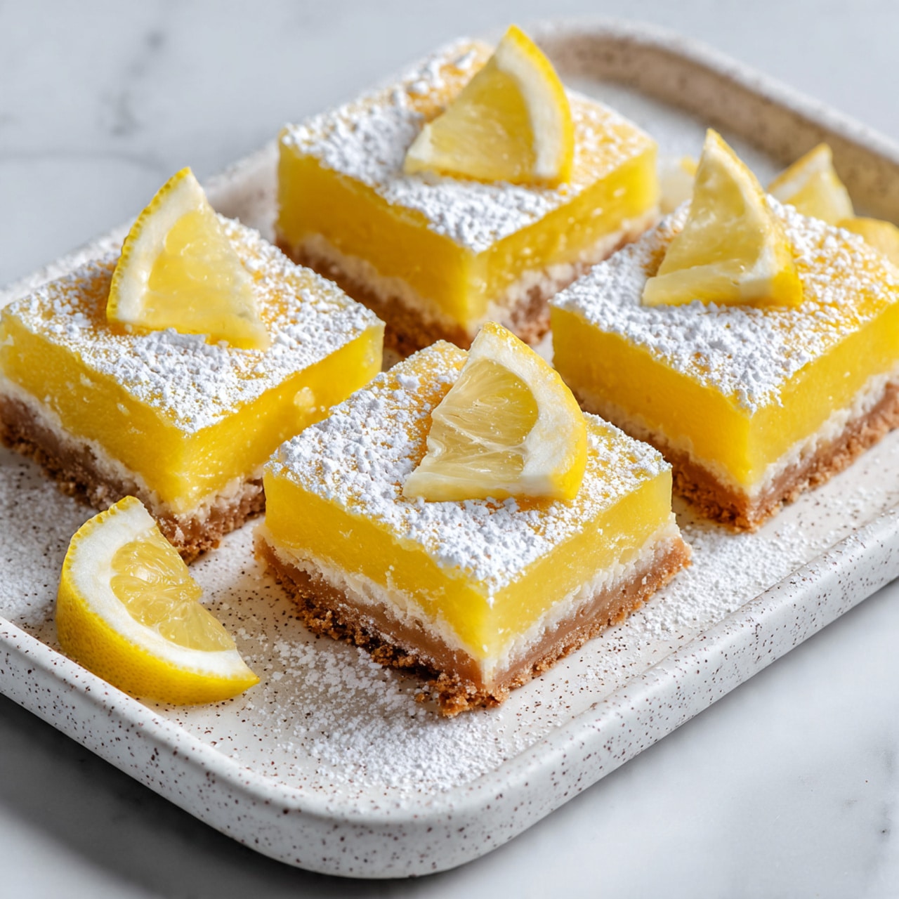 The image shows two square lemon bars on white plates placed on a white marbled surface. Each lemon bar has two layers: a pale yellow, smooth, soft lemon filling on top and a light golden crust at the bottom. The bars are dusted with powdered sugar, giving a light white powdery layer on top. Each bar is decorated with a thin, bright yellow lemon slice placed near the top edge. One lemon bar has a small bite taken out of the corner, and a silver fork rests on the plate with a piece of the lemon bar on it. Photo taken with an iphone --ar 4:5 --v 7