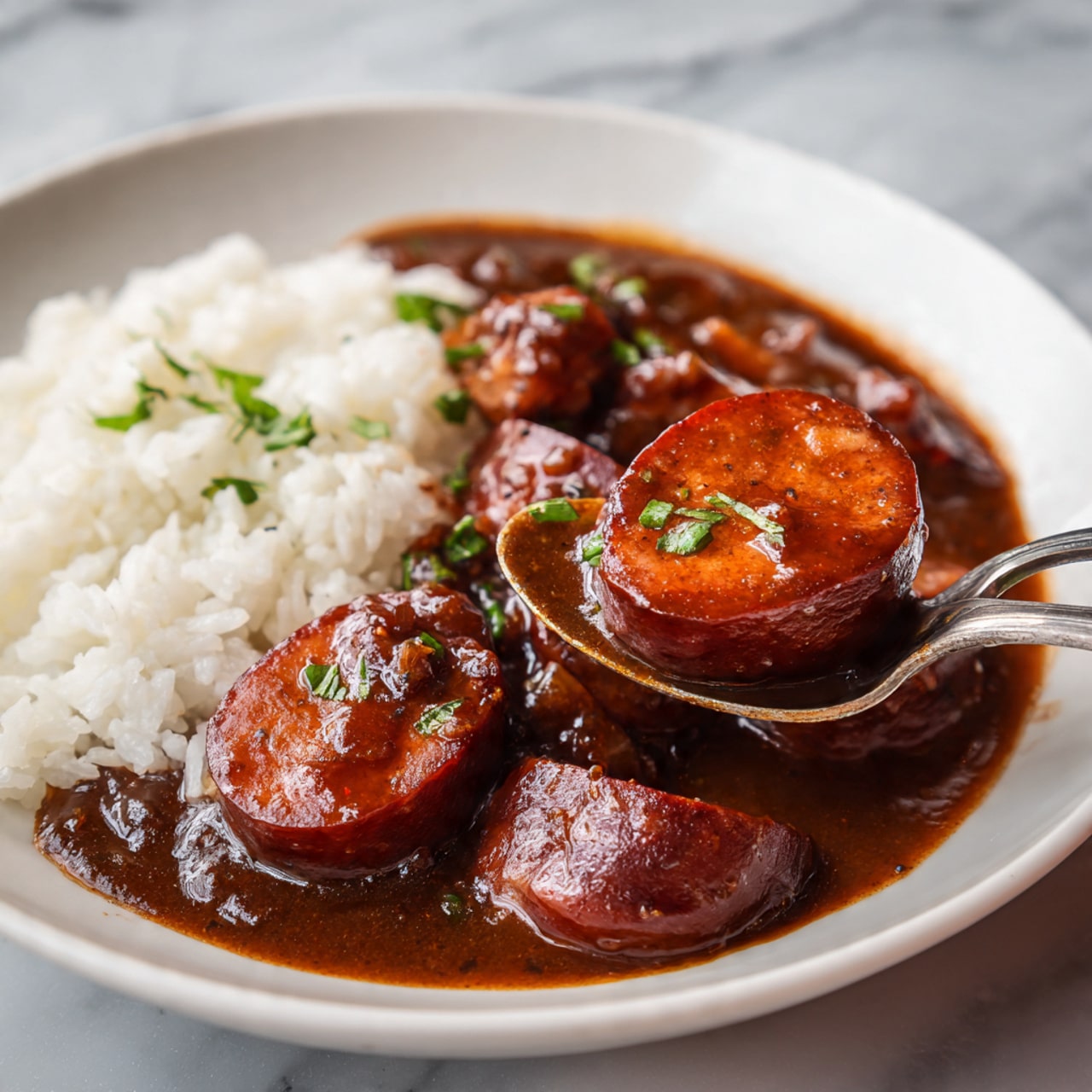 The image shows a close-up of a white plate with two main parts: white rice on the left side and dark brown stew on the right. The stew contains round slices of sausage with a glossy, slightly oily texture on top, and pieces of tripe that look bumpy and textured, covered in a thick, dark brown sauce. Some small green herbs are scattered over the stew, adding a slight touch of color. A metal spoon holds a scoop in the foreground, with a large slice of sausage sitting on top of fluffy white rice, both coated with the shiny brown sauce from the stew. The background surface has a white marbled texture. Photo taken with an iphone --ar 4:5 --v 7