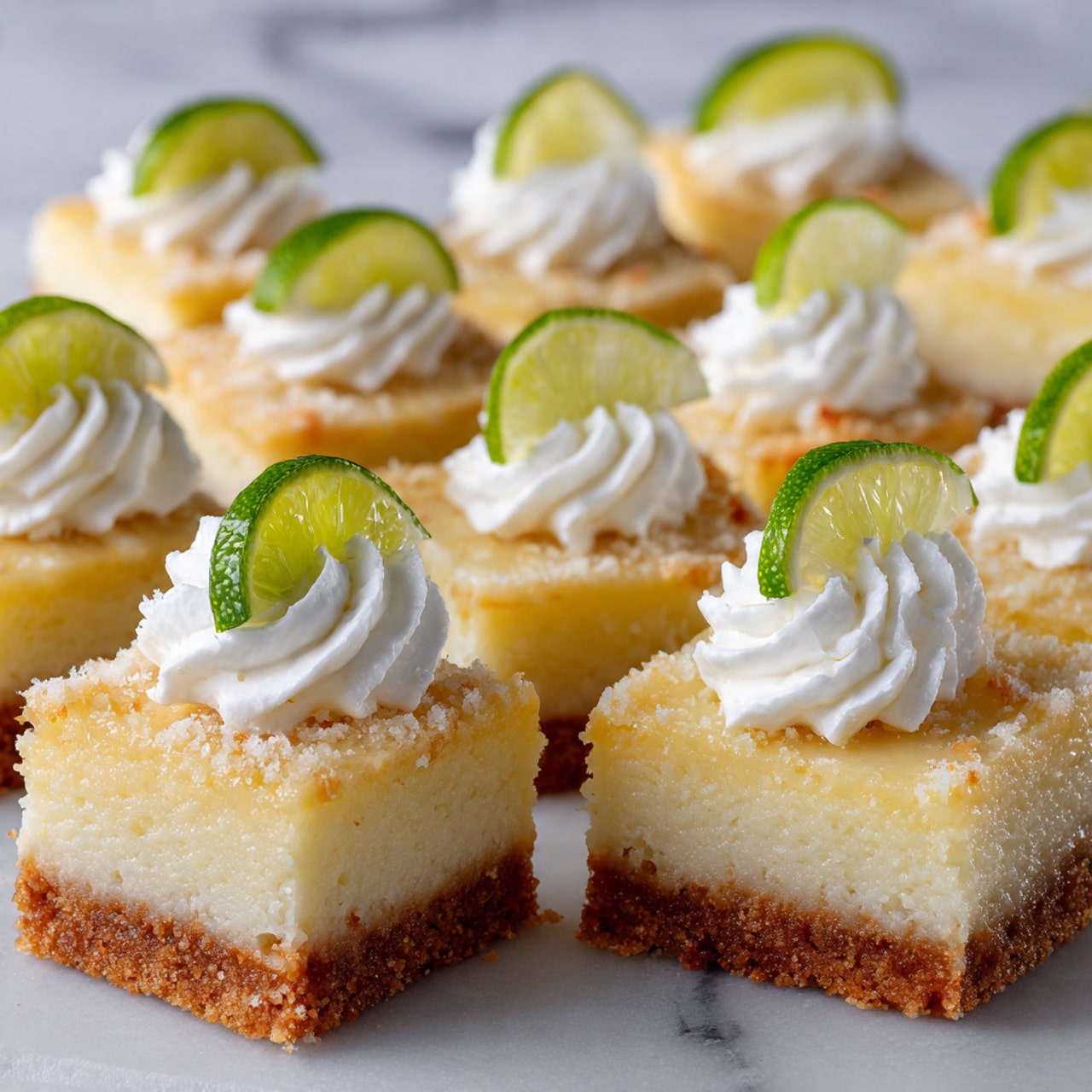 The image shows a grid of nine square lemon bars arranged closely on a white marbled surface. Each bar has two main layers: a light golden-brown crust base with a slightly crumbly texture, and a smooth, pale yellow lemon filling on top. Some bars have a small, bright green lime wedge placed near one corner, and several bars are decorated with a dollop of whipped cream, which is white, fluffy, and swirled, positioned just beside the lime wedge. The bars have clean-cut edges, and the colors range from golden brown to soft yellow and bright green, creating a fresh and inviting look. photo taken with an iphone --ar 4:5 --v 7