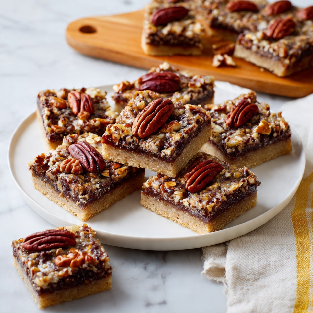 A white round plate holds eight square pieces of pecan bars, each with three distinct layers: a light brown crumbly base, a thick dark brown filling with visible chocolate chips, and a topping full of chopped pecans and several whole pecan halves arranged on top, adding texture and a rich nutty color. One piece sits outside the plate on a white marbled surface, while a wooden cutting board with more pecan bars is partly visible in the top left corner. A folded white cloth with a yellow trim peeks in from the bottom right corner. The photo was taken with an iphone --ar 4:5 --v 7