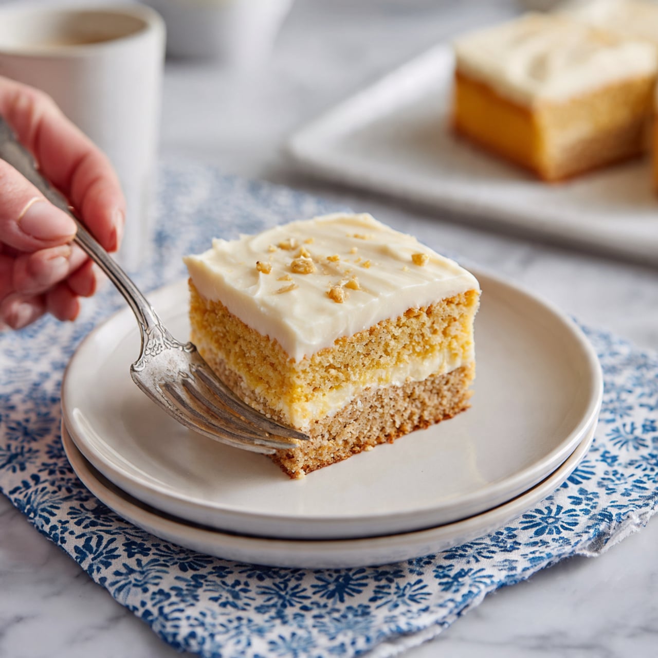A rectangular light golden sponge cake sits on crumpled brown parchment paper over a white marbled surface. The cake shows one even layer. A thick, creamy white frosting is being spread over half the top surface with a silver spatula held by a woman's hand with a ring on the middle finger. The frosting is smooth with visible swirls and peaks from spreading. Photo taken with an iphone --ar 4:5 --v 7