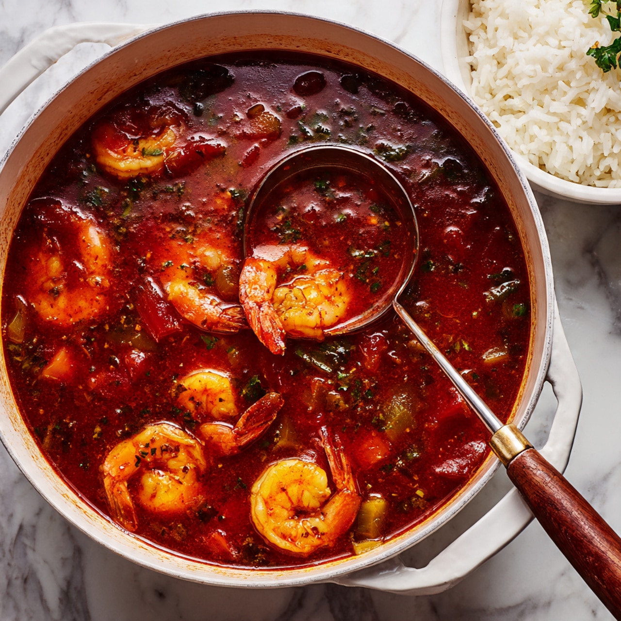 A large white pot filled with rich, thick red soup that has visible chunks of tomatoes and green vegetables. Several whole shrimp with orange-pink shells float in the soup. A metal ladle with a wooden handle is placed inside the pot, partially submerged and coated with the reddish soup. The pot sits on a surface with a white marbled texture. In the top right corner, there is a small white bowl containing white rice on one side and some of the red soup with vegetables on the other, garnished with a bit of green herb. Photo taken with an iphone --ar 4:5 --v 7
