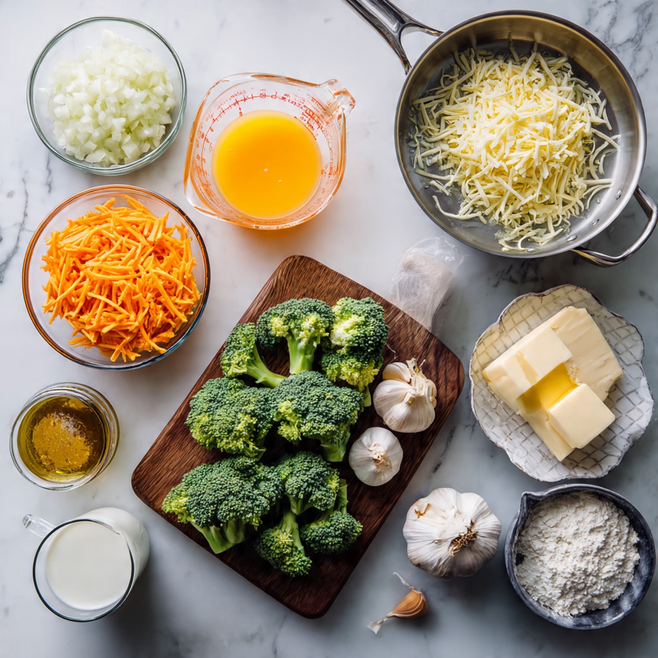 The image shows a cooking setup with fresh ingredients arranged on a white marbled surface. There is a large metal pan at the top right, and below it, a wooden board holds bright green broccoli pieces, some whole garlic cloves, and a small jar of mustard. To the left of the board is a glass bowl filled with thin, bright orange carrot strips, and next to it another glass bowl contains white chopped onions. A glass measuring cup with orange liquid, a plate with shredded yellow cheese and a block of cheese, some butter pieces, a bowl with white flour, and a glass of white milk are also visible, all neatly placed around the cutting board. Photo taken with an iphone --ar 4:5 --v 7