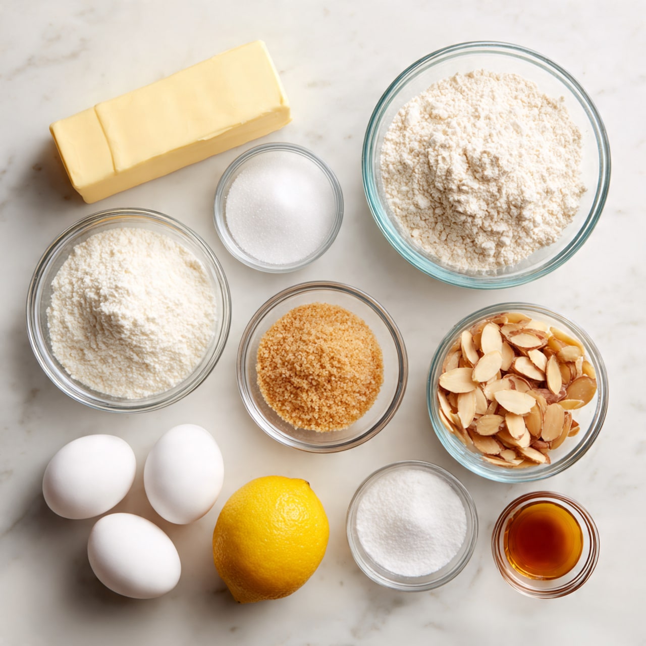 The image shows various baking ingredients arranged neatly on a white marbled surface. There are two sticks of pale yellow butter placed at the top left, next to a transparent bowl filled with white flour on the top right. Below the bowl of flour, a clear bowl of fine white sugar is centered, with a smaller bowl of light brown sugar to its right. To the bottom right of the brown sugar is a bowl filled with toasted almond slices that have a light beige color and a slightly rough texture. Two white eggs are positioned side by side on the left below the butter sticks. A small glass container with white baking powder is near the eggs, with a whole bright yellow lemon just below that. Finally, a very small clear bowl containing a tiny amount of almond extract is placed near the lemon on the bottom right. The colors are soft and the ingredients are spaced evenly, giving a clean and organized look to the image, photo taken with an iphone --ar 4:5 --v 7