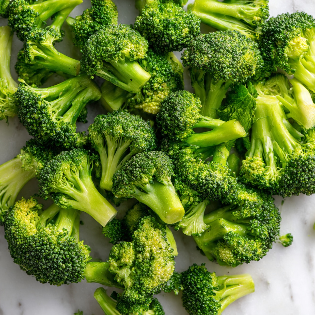 A pile of small, fresh broccoli florets with bright green tops and light green stems is spread across a white cutting board on a white marbled surface. The florets vary in size and are densely clustered, showing the textured, tiny buds on the top part and the smooth, stalked bottom parts. The lighting is natural and soft, creating slight shadows around the broccoli pieces. photo taken with an iphone --ar 4:5 --v 7