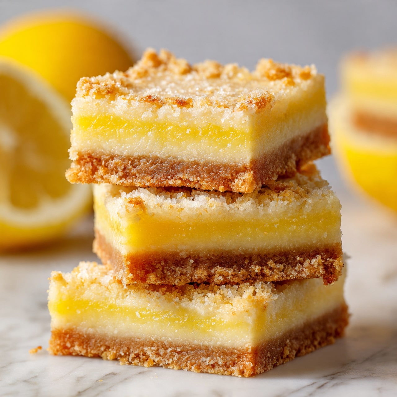 The image shows a stack of three square lemon bars on a white marbled surface. Each bar has three layers: a light golden brown crumbly crust at the bottom, a thick middle layer of moist, yellow lemon filling, and a thin pale yellow top layer that looks smooth and slightly textured. The edges of the bars show a bit of crispiness, and some lemon bars with similar layers are blurred in the background. photo taken with an iphone --ar 4:5 --v 7