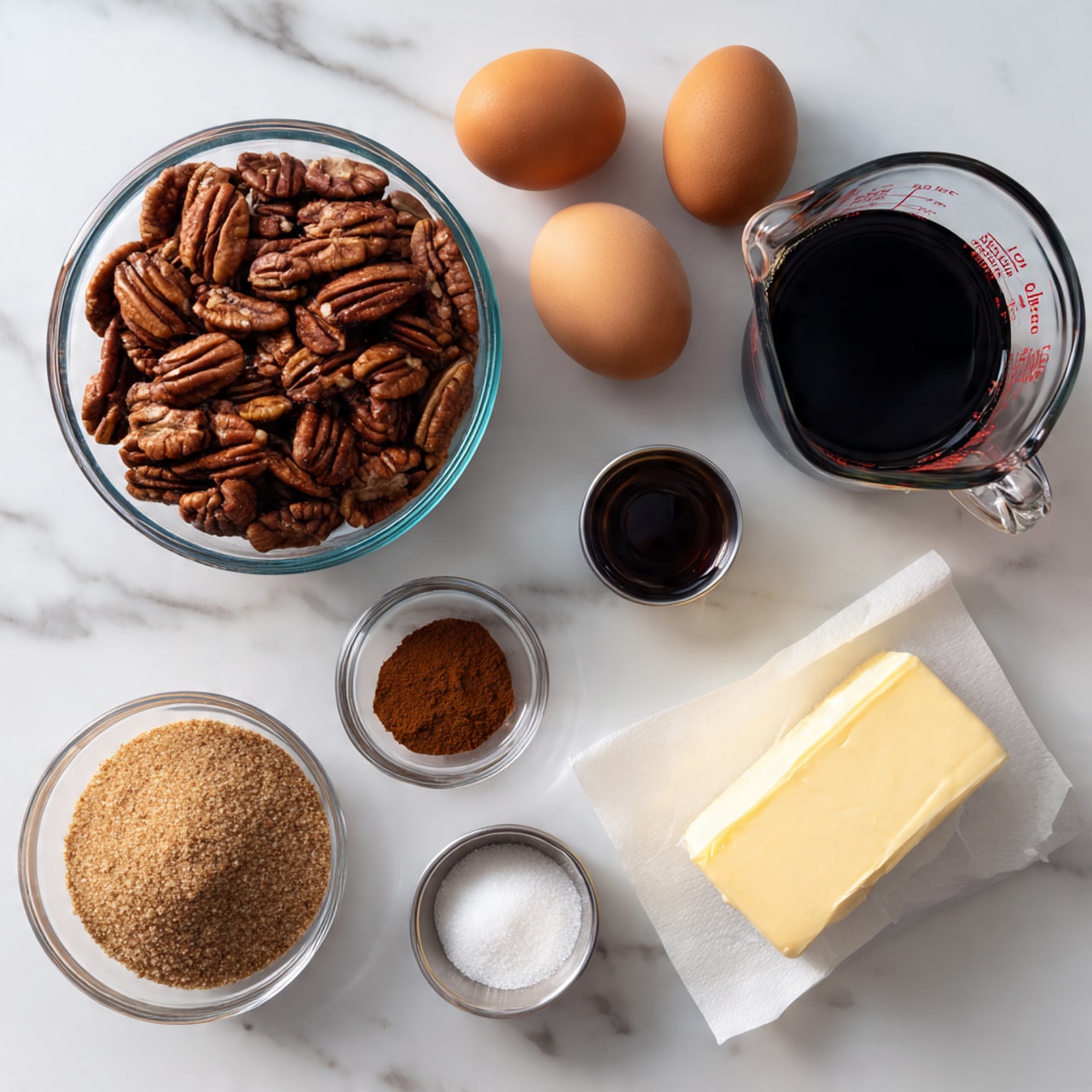 The image shows ingredients neatly arranged on a white marbled surface. In the center, there is a clear glass bowl full of whole, brown pecans. To the top left, three brown eggs are placed close together. To the top right, a clear glass measuring cup filled with dark liquid, dark corn syrup, is positioned. Below the eggs, there is a small clear glass cup holding a dark liquid vanilla extract. To the bottom left, a clear glass bowl contains light brown, coarse brown sugar. Near the bottom center, a chunk of pale yellow butter rests on a small piece of white parchment paper. To the right of the butter, a small clear bowl contains a small amount of reddish-brown cinnamon powder. Above the cinnamon, a small stainless steel cup holds a little white salt. All items are on a clean white marbled background. Photo taken with an iphone --ar 4:5 --v 7