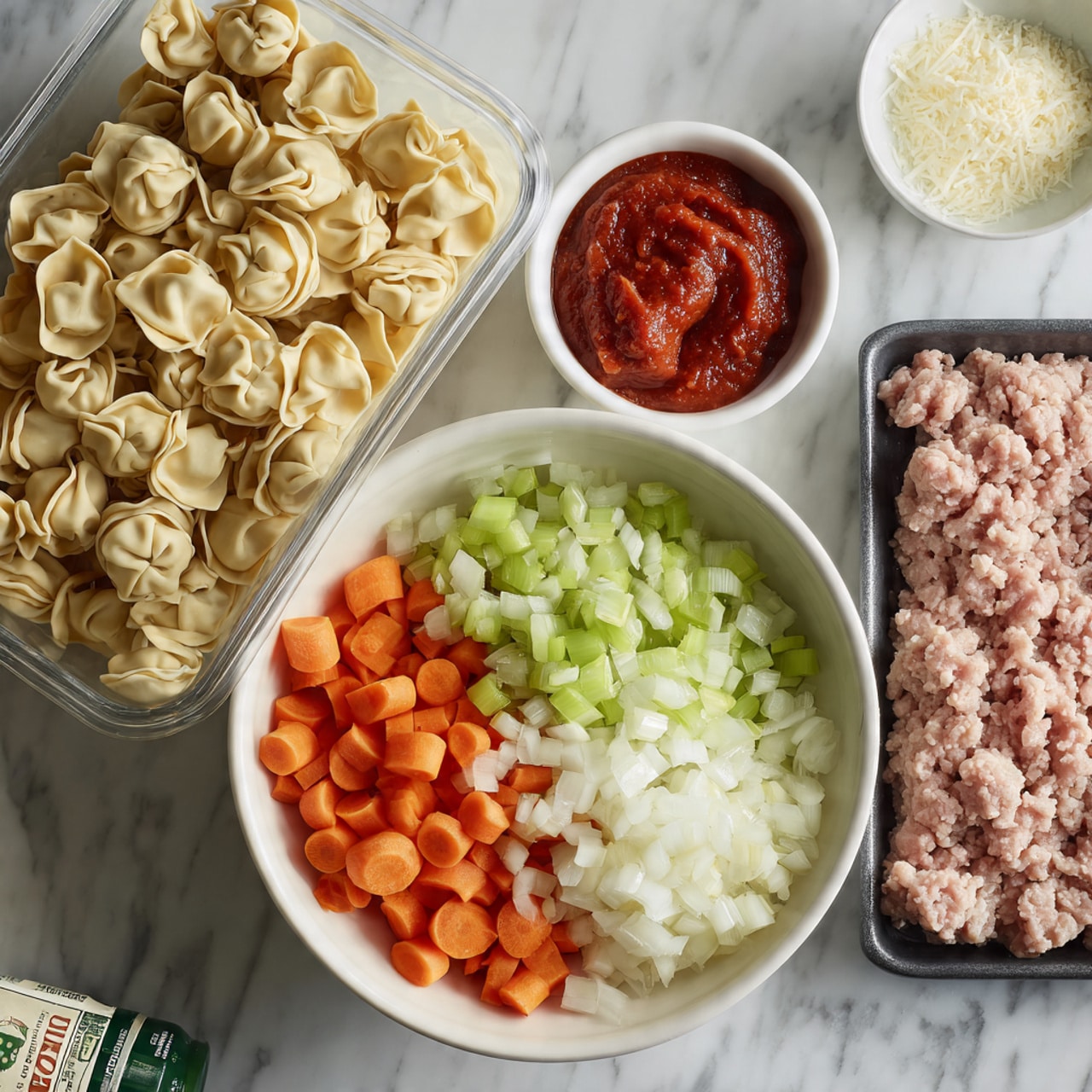 The image shows an assortment of raw ingredients arranged on a white marbled surface. On the top left, a clear container is full of uncooked tortellini pasta, beige in color with a folded and filled shape. Below it, a small white bowl holds deep red tomato paste with a smooth texture. To the right, a large white bowl is filled with three layers: diced orange carrots at the bottom right, chopped pale green celery at the bottom left, and finely chopped white onions covering the top half. Above the large bowl is a small white dish with finely minced garlic, creamy white in color and soft in texture. At the bottom right corner, there is a black rectangular tray with tightly packed raw ground meat, pale pink with visible lines. The bottom left corner has a partially visible bottle with a green label. photo taken with an iphone --ar 4:5 --v 7