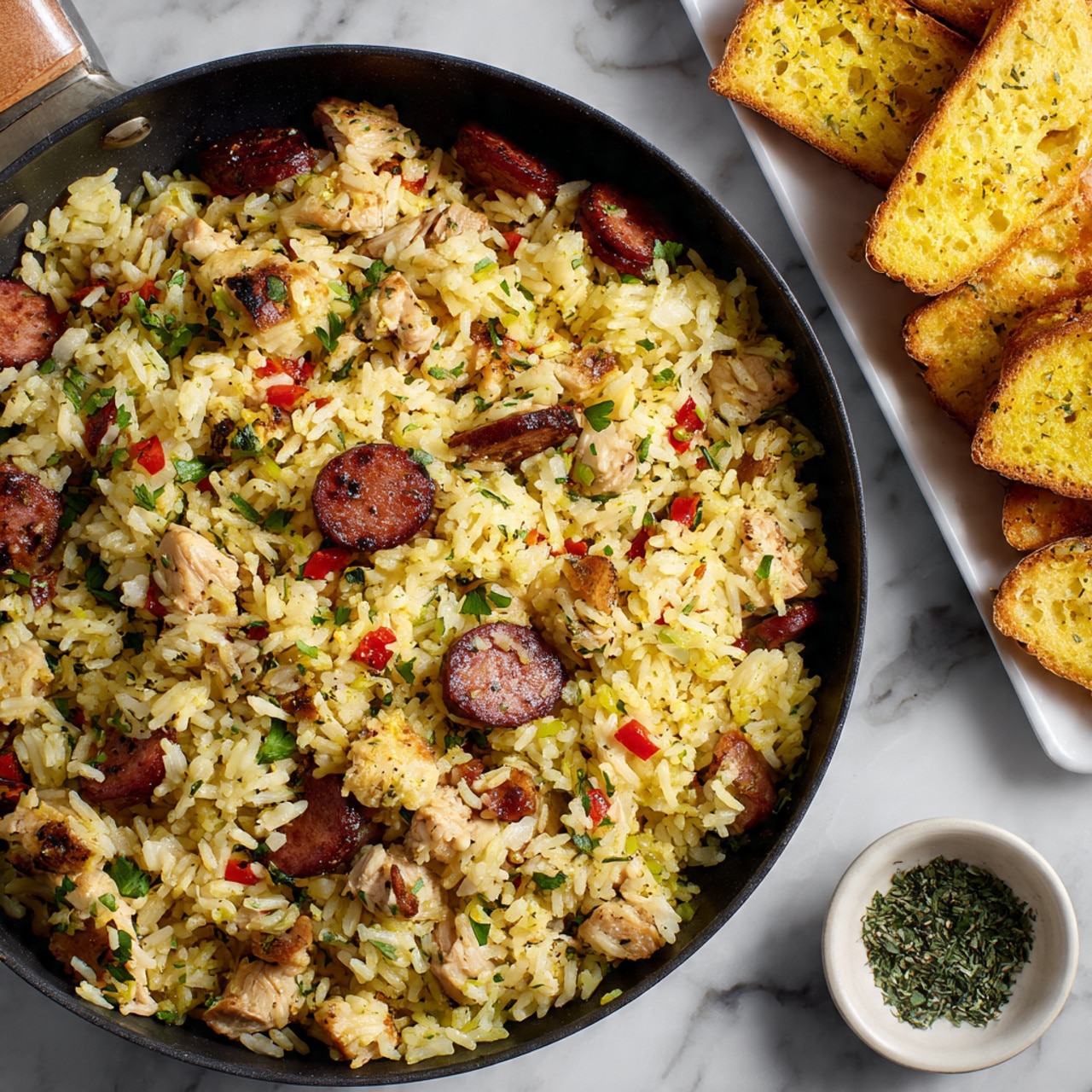 A close-up view of a skillet filled with a cooked rice dish that has layers of fluffy yellow rice mixed with small chunks of light brown chicken and slices of dark red sausage scattered evenly throughout. The rice has a slightly shiny texture with visible pieces of red peppers and herbs mixed in. In the top right corner, there is a white rectangular plate holding several pieces of toasted yellowish bread with a crumbly texture. The skillet and the plate rest on a white marbled surface with a small white bowl containing green dried herbs nearby. The overall scene gives a warm, inviting feeling. photo taken with an iphone --ar 4:5 --v 7