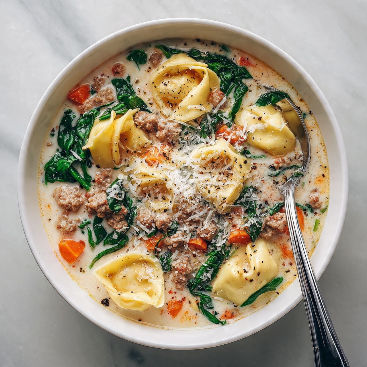 A white bowl filled with creamy soup that has three main layers: the base is a light cream color with a smooth texture, mixed with small orange carrot pieces and green leafy spinach. The second layer includes small brown sausage bits spread evenly throughout with some black pepper specks. The top layer shows large yellow tortellini pasta pieces resting on top and some grated white cheese sprinkled over the entire dish. A silver spoon is dipped in on the right side of the bowl, all placed on a white marbled surface. Photo taken with an iphone --ar 4:5 --v 7