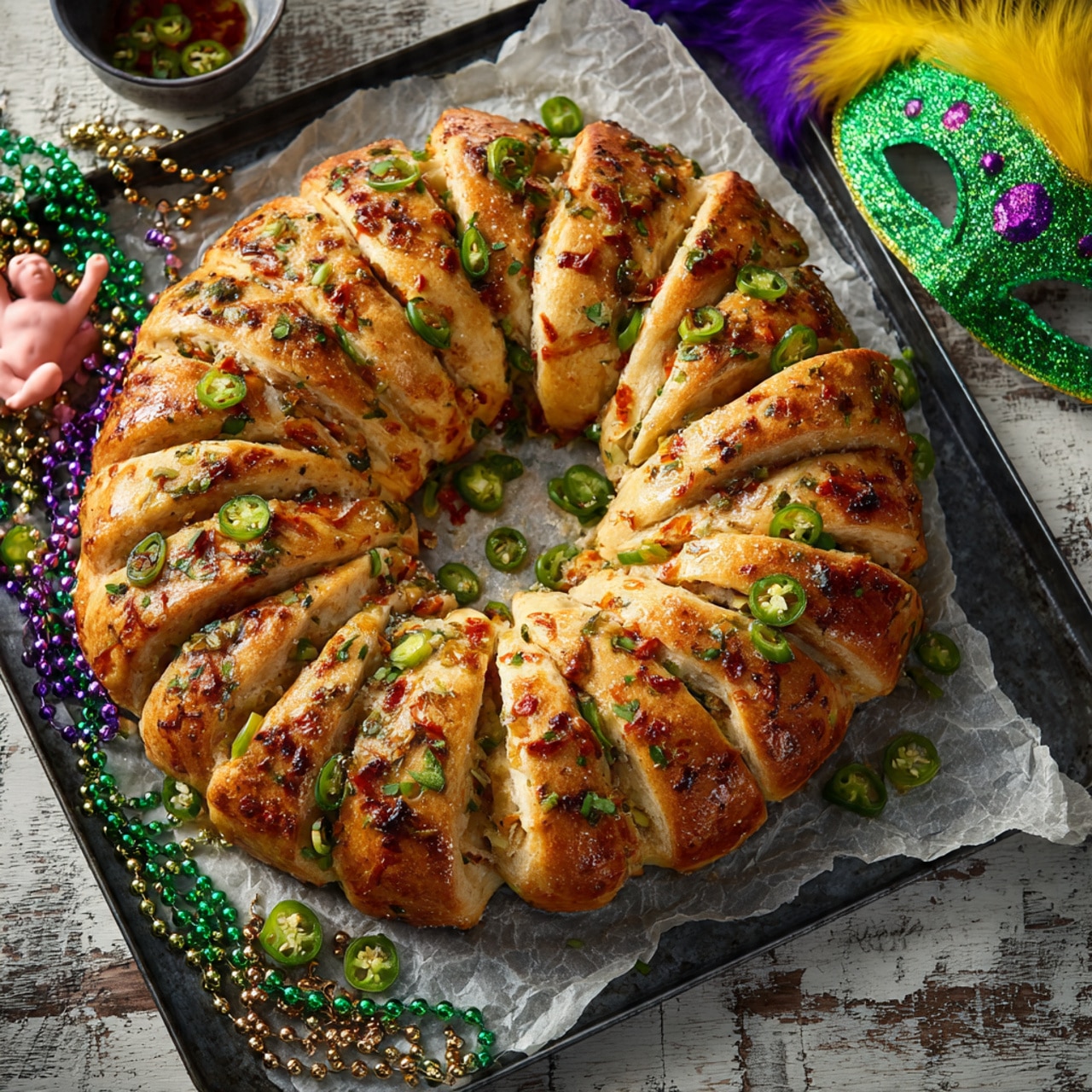 A golden-brown, oval-shaped baked bread wreath rests on crinkled parchment paper on a dark baking tray. The bread has small, evenly spaced cuts along the edges, showing a textured filling inside. Bright green sliced jalapeños, finely chopped green onions, and glossy red sauce are scattered on top, adding vibrant color and shine. In the center of the bread wreath, there is a small, pink baby figurine. Around the tray, there are colorful Mardi Gras beads in green, purple, and gold, as well as a green and yellow decorative mask with yellow feathers on the top right corner. The scene is set on a white marbled surface with a rustic wooden texture partially visible. Photo taken with an iphone --ar 4:5 --v 7