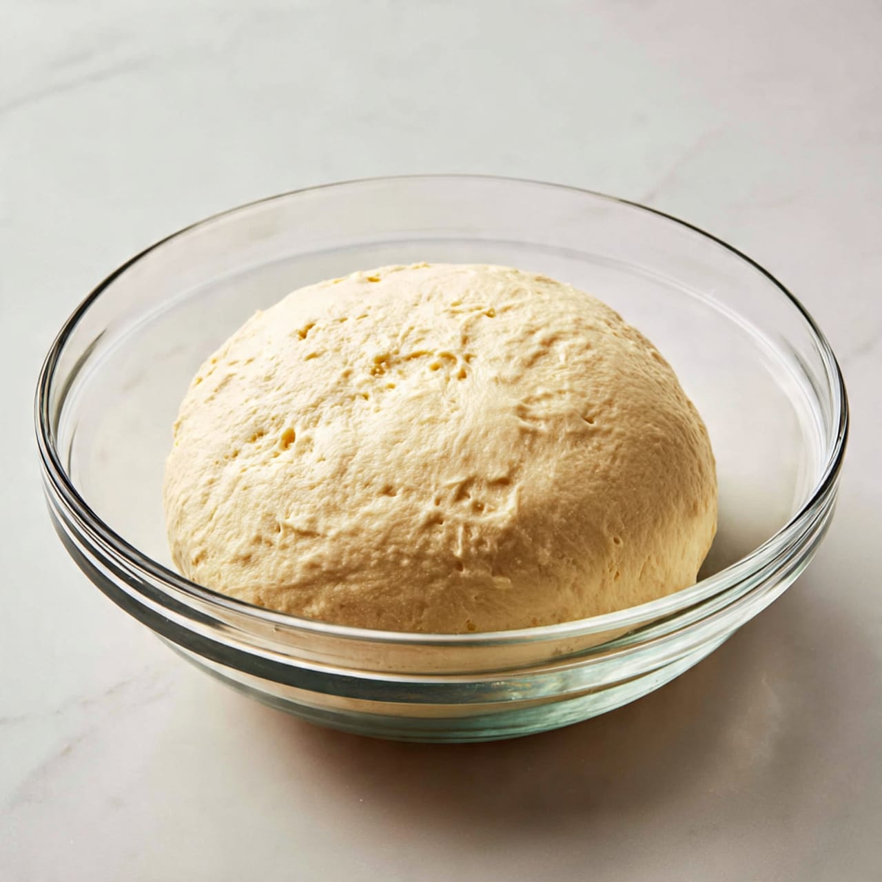 A large, smooth, and round dough ball with a slightly puffy texture sits in a clear glass bowl, filling most of the bowl's space. The dough is pale cream in color with a few small air bubbles visible on its surface. The bowl rests on a white marbled surface, and the background features neutral, soft lighting that highlights the dough's smoothness and volume. Photo taken with an iphone --ar 4:5 --v 7