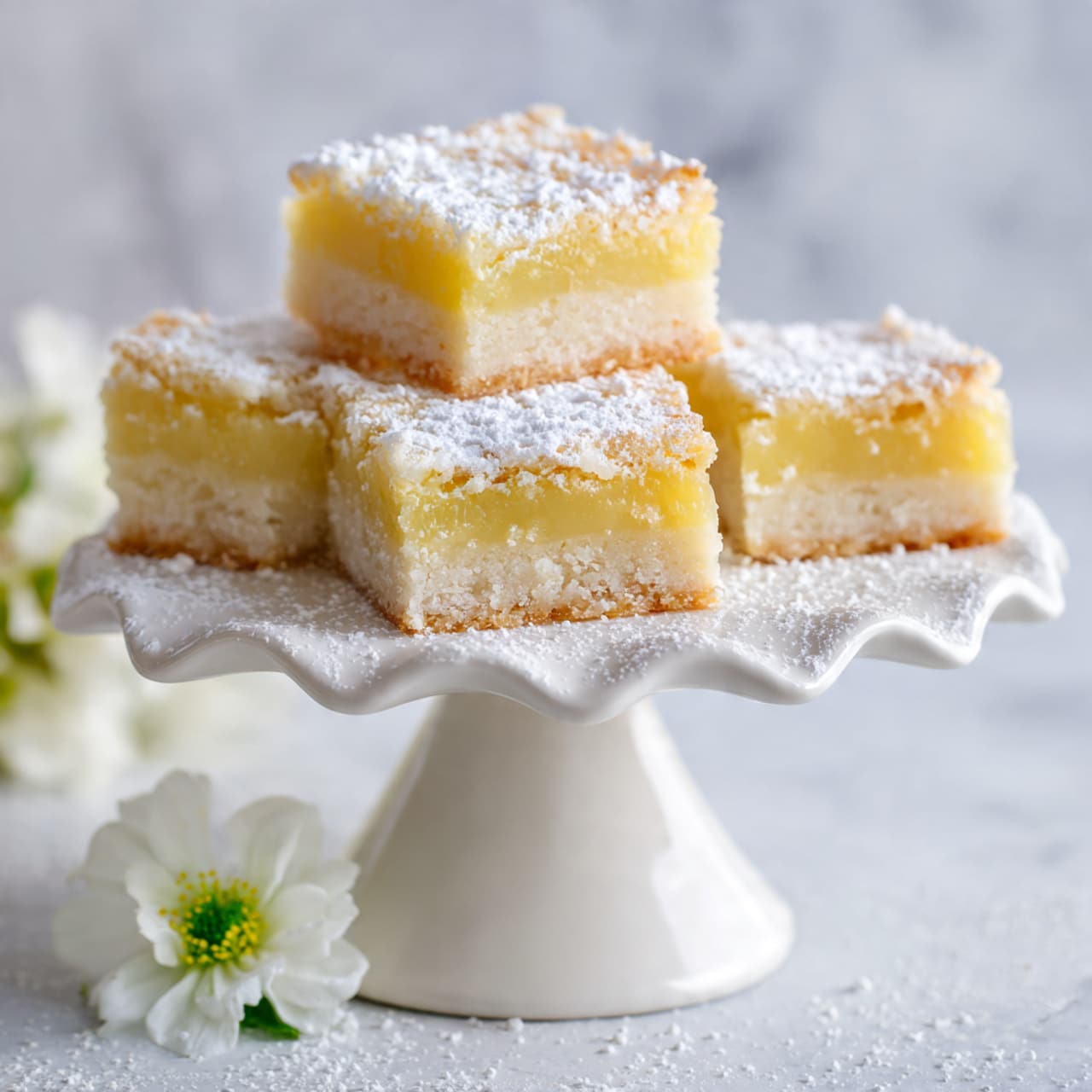 A small pile of square lemon bars rests on a white cake stand with a scalloped edge and a thick pedestal base. Each lemon bar has two clear layers: a light yellow, moist top layer with a soft texture and a pale, crumbly base. The bars are lightly dusted with powdered sugar, adding a delicate white contrast. A tiny white flower with a green center is placed near the front of the cake stand, all set against a soft, out-of-focus white marbled background. photo taken with an iphone --ar 4:5 --v 7