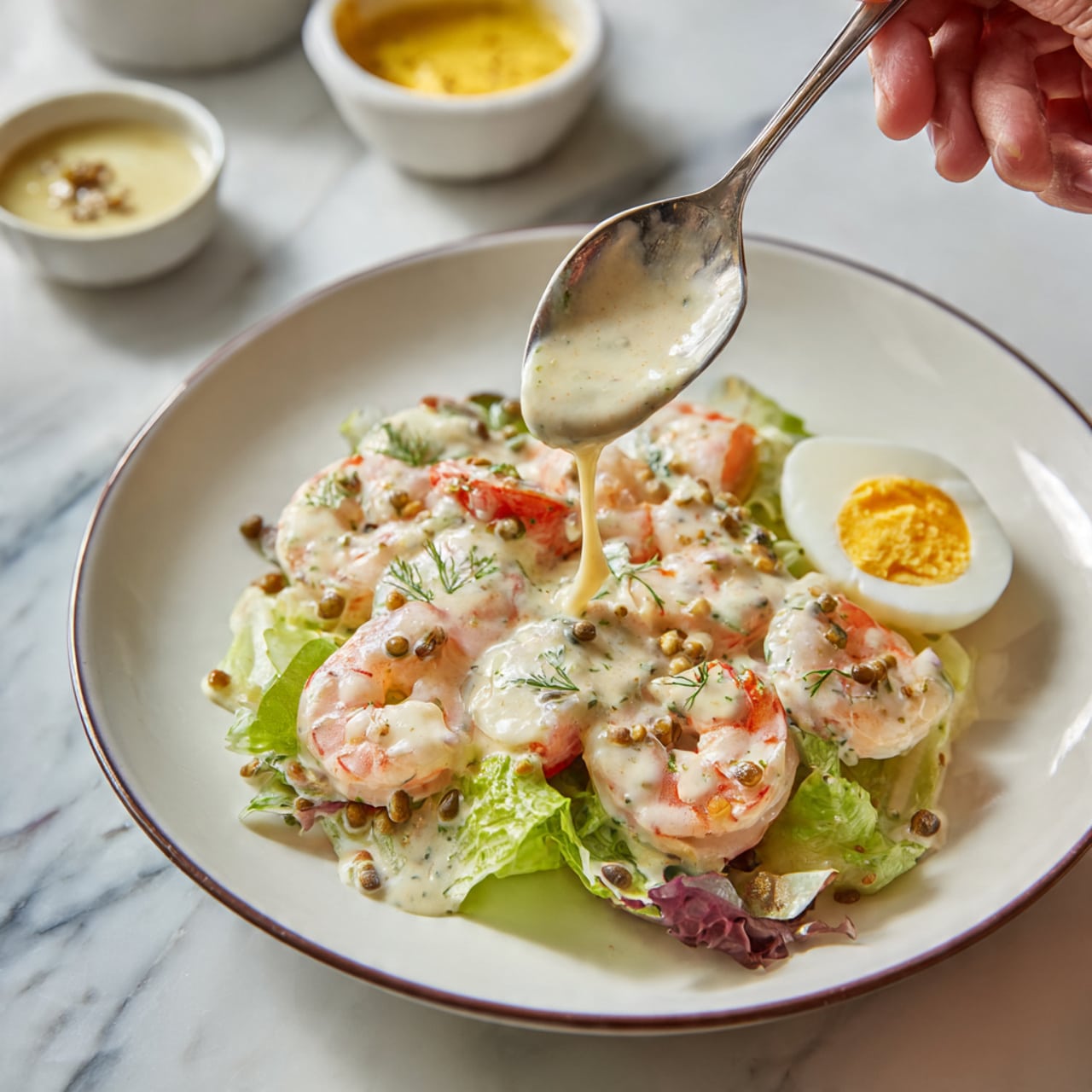 A white plate holds a shrimp salad with about eight pink shrimp covered in a creamy white sauce with green herbs and small mustard seeds. Under the shrimp, there is light green lettuce and small red tomato pieces scattered around. On the right side of the plate, there is a quarter of a hard-boiled egg with a yellow yolk and white part. A spoon is held above the shrimp by a woman's hand, pouring extra creamy sauce over the salad. In the blurry background, there are two small white bowls with yellow and creamy contents on a white marbled surface. photo taken with an iphone --ar 4:5 --v 7