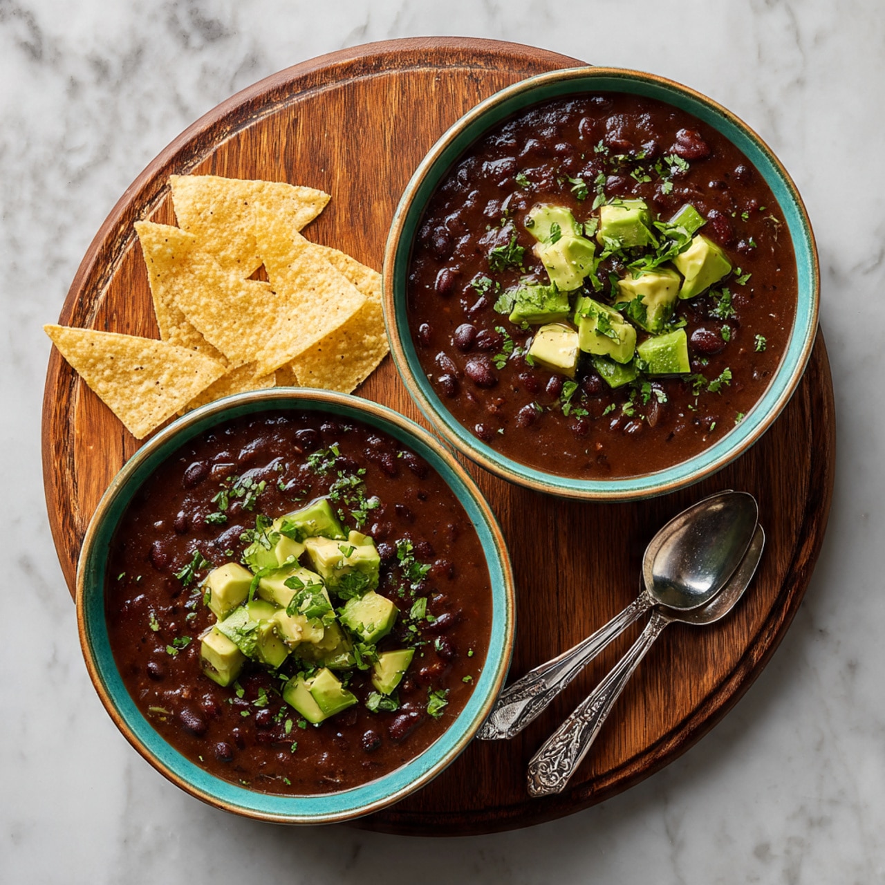 Two bowls of thick black bean soup sit on a round wooden board. Each bowl has a rough turquoise outer edge and is filled with dark brown soup mixed with visible black beans and soft bits. On top of the soup is a layer of bright green avocado chunks with chopped green herbs sprinkled over them. Next to the bowls, two silver spoons with ornate handles lie crossed. The entire scene is set on a white marbled surface with parts of light yellow tortilla chips visible around the board. photo taken with an iphone --ar 4:5 --v 7