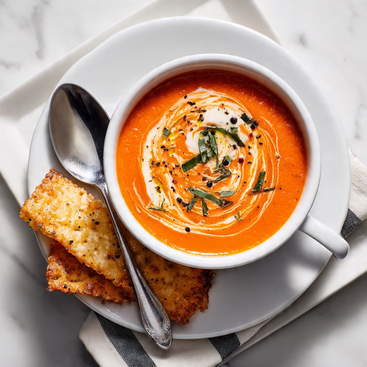 A white pot filled with smooth, bright orange tomato soup that has a thick texture. The soup surface is garnished with small green herb leaves and a few black pepper specks lightly scattered on top. A silver spoon is partially dipped into the soup on the right side of the pot. The pot has two white handles and sits on a white marbled surface with a black and white striped cloth next to it. In the background, there are blurred white bowls and small glass bottles with yellow and white liquids. photo taken with an iphone --ar 4:5 --v 7
