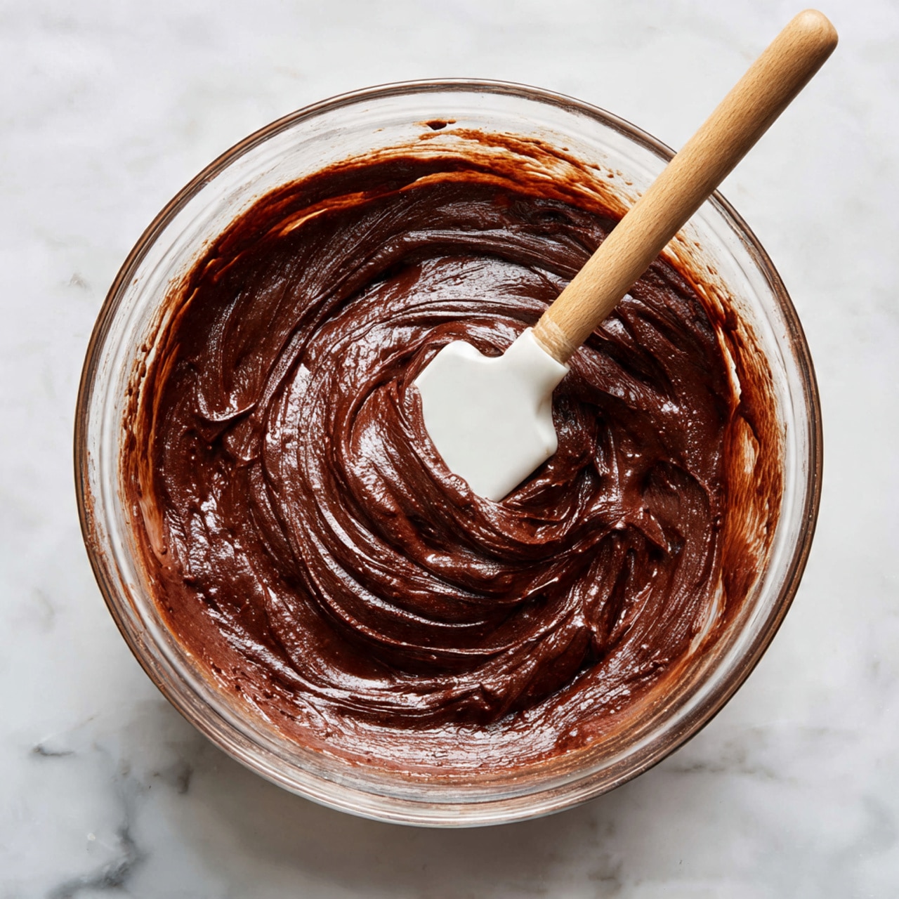 A clear glass bowl filled with thick, dark brown chocolate batter that has a smooth and shiny texture. A white spatula with a wooden handle is partly submerged in the batter, showing soft folds and swirls as it stirs. The bowl sits on a white marbled surface. photo taken with an iphone --ar 4:5 --v 7