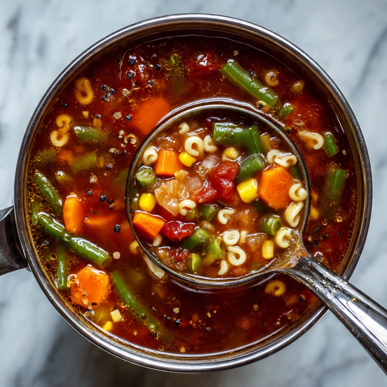 A white bowl filled with chunky vegetable soup showing three main layers: the bottom reddish broth with a smooth texture, middle layer with colorful vegetable pieces including orange carrots, yellow corn, green beans, red tomatoes, and light potato cubes, and a top layer with a few floating herbs. A silver spoon rests inside the bowl, holding pasta letters that spell