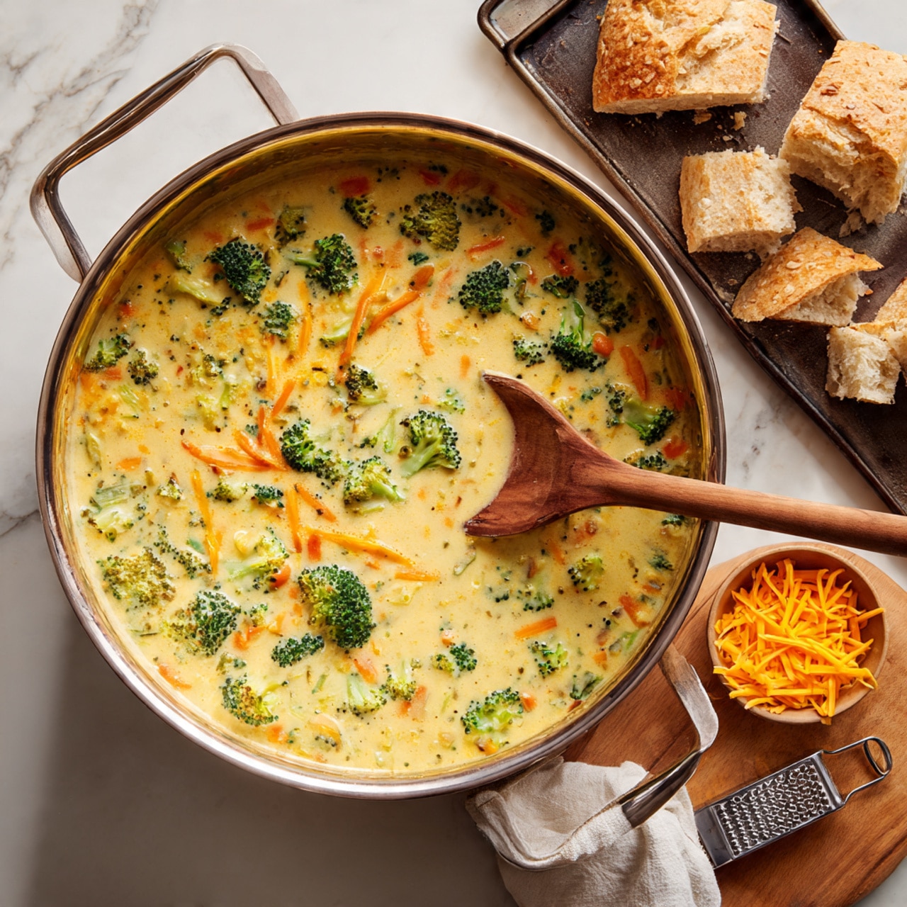 A large metal pot filled with thick, creamy soup shows visible pieces of green broccoli and thin orange carrot strips mixed throughout its pale yellow base. A wooden spoon is dipped into the soup on the right side of the pot. Above the pot, a dark baking tray with unevenly torn light brown bread pieces rests on a white marbled surface. Below the pot, a round wooden board holds loose shredded orange cheese next to a small box grater. Photo taken with an iphone --ar 4:5 --v 7