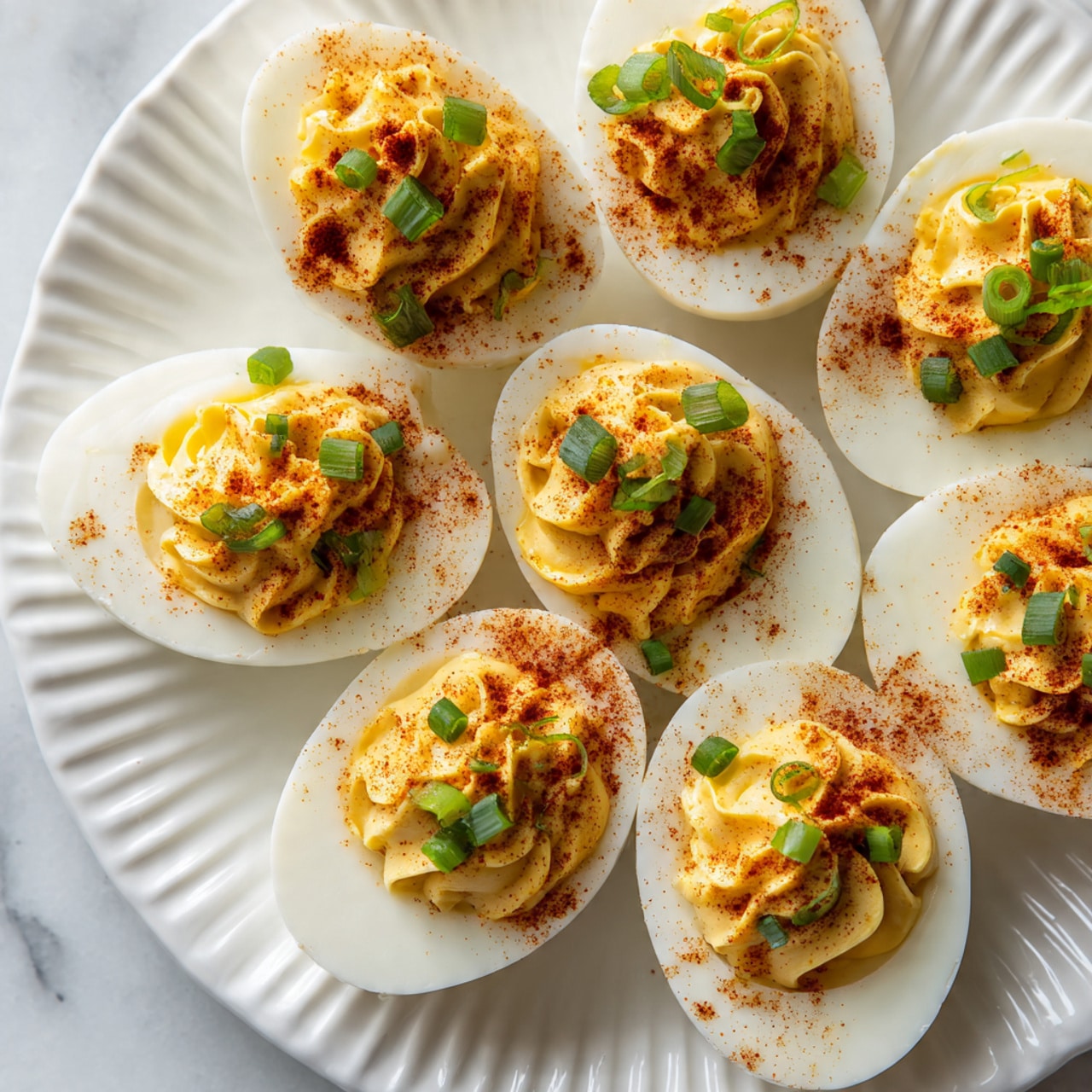 The image shows several deviled eggs arranged on a white plate with ridged edges. Each egg half is white with a smooth texture, filled with a creamy yellow mixture that is slightly swirled and sprinkled with reddish-brown paprika powder. Small pieces of bright green chopped scallions are placed on top of the creamy filling, adding a fresh touch. The plate sits on a white marbled surface, and the scene is well lit with soft natural light. photo taken with an iphone --ar 4:5 --v 7