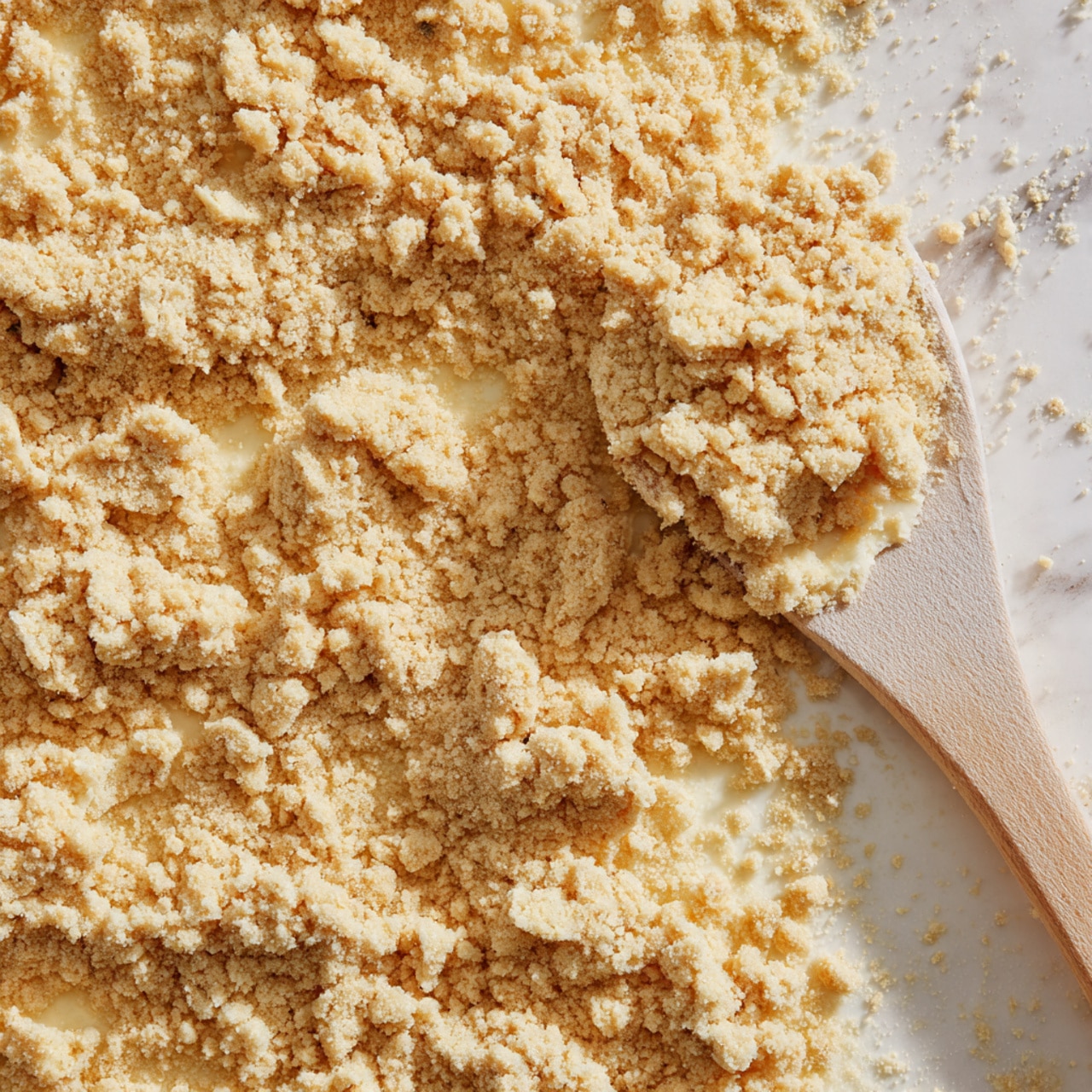 A close-up view of a single layer of light beige crumbly topping with a grainy texture filling the entire frame. A white wooden spoon is partially buried in the crumbs near the top right, its surface covered with the crumb mixture. The crumb layer looks soft and coarse, with small clumps and loose bits spread evenly. The scene is set on a white marbled background. photo taken with an iphone --ar 4:5 --v 7