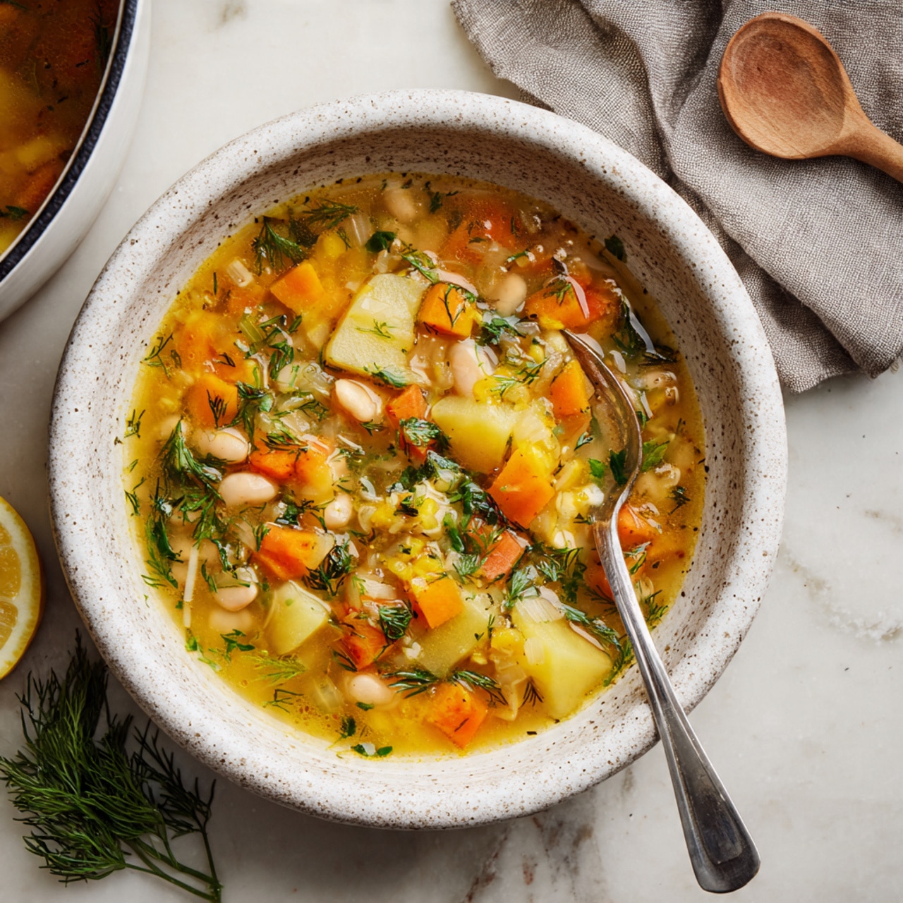 A close-up view of a large white pot with a red handle filled with a light vegetable soup made of several layers: diced orange carrots, small white beans, pale green cabbage pieces, and bits of light green celery all mixed in a clear, yellowish broth. Fresh green herbs, likely parsley or dill, are sprinkled on top adding a fresh touch. A wooden spoon is lifting a scoop from the middle, showing a mix of all the ingredients with a slightly shiny and soft texture. The pot sits on a white marbled surface with a beige cloth in the background. photo taken with an iphone --ar 4:5 --v 7