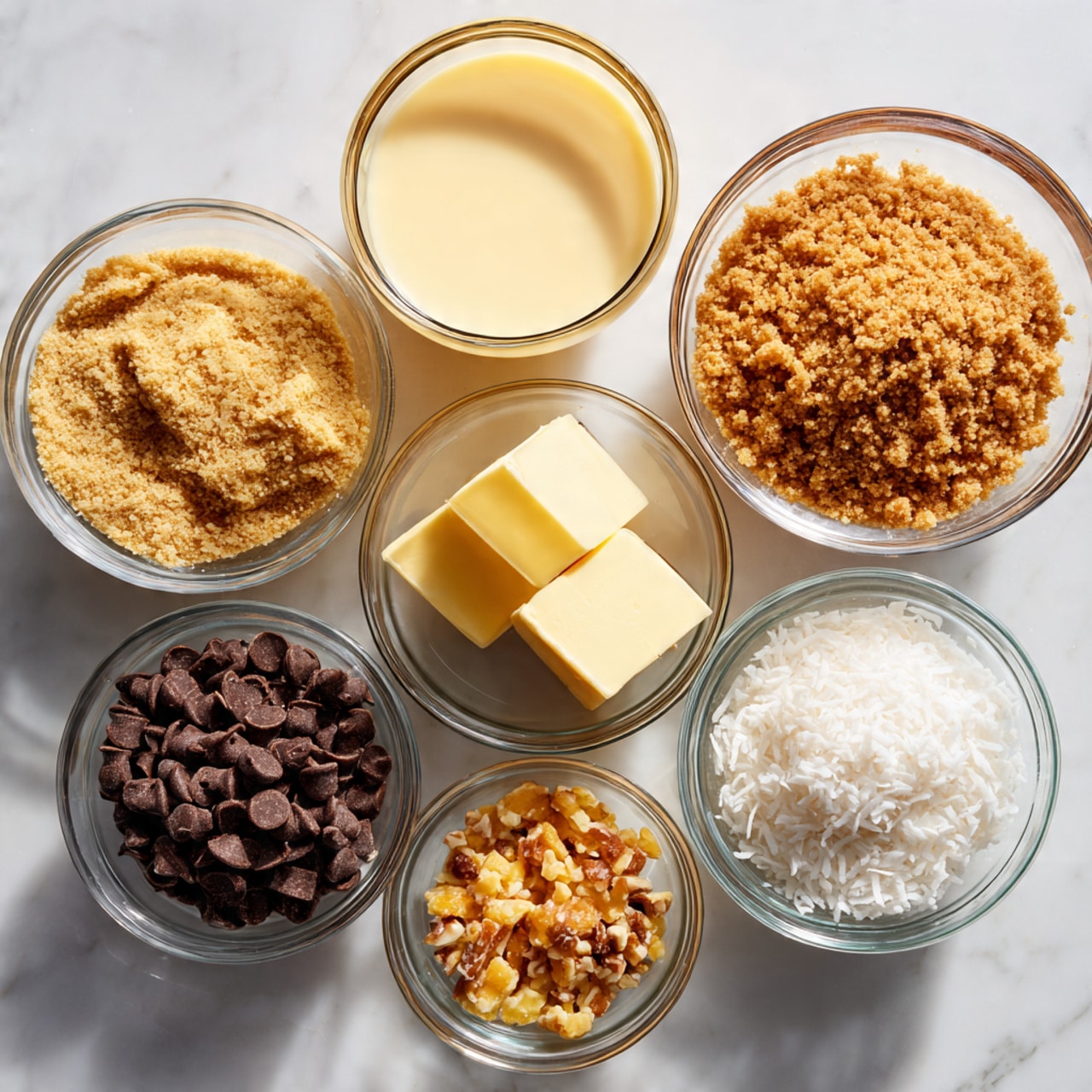 Seven bowls are shown on a white marbled surface arranged in a loose circle. At the top center is a bowl with pale creamy yellow sweetened condensed milk. To its right is a bowl filled with fine, light brown graham cracker crumbs. Below that bowl is another filled with coarser, darker brown graham cracker crumbs mixed with small bits of nuts. At the bottom center is a bowl with white shredded coconut. To the left of it is a bowl containing golden butterscotch chips. Above that bowl is one with dark brown chocolate chips. In the center of all the bowls is a smaller bowl holding two blocks of pale yellow butter. The bowls are clear glass and the image has soft, natural lighting. photo taken with an iphone --ar 4:5 --v 7