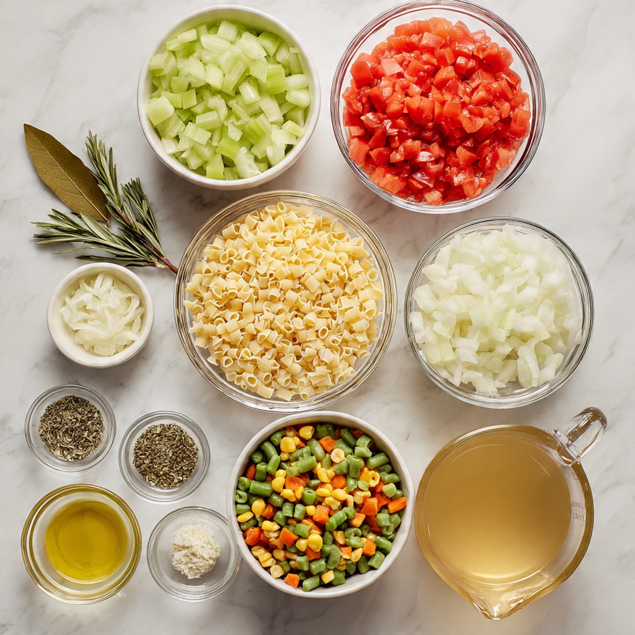 The image shows several small white bowls and clear glass bowls arranged neatly on a white marbled surface, each filled with different ingredients. At the top left, a bowl holds chopped celery pieces in pale green tones. Next to it, a bowl is filled with bright red diced tomatoes in juice. To the right, there is a bowl of chopped white onions. Below these, in the center, a clear glass bowl contains small yellow pasta or grains. To its right, a glass measuring cup holds golden broth. Below and to the center, there is a bowl with mixed frozen vegetables including green beans, corn, peas, and orange carrot cubes. Small glass bowls with light yellow oil, minced pale garlic, and an assortment of dried green herbs and spices are also arranged around the main bowls. A single dried bay leaf lies near the onion bowl. All bowls and items are placed neatly with visible texture and color contrasts. Photo taken with an iphone --ar 4:5 --v 7