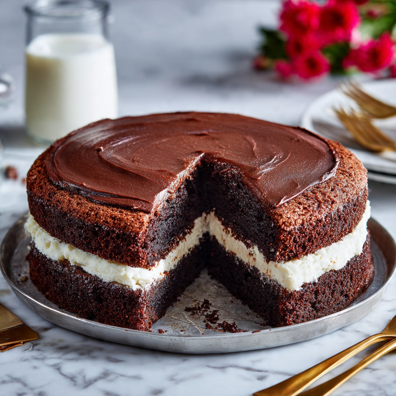 The image shows a slice of chocolate cake with three layers: a thick dark brown chocolate cake layer at the bottom, a middle layer of smooth white cream, and another dark brown chocolate cake layer on top. The outer edge of the slice is covered in a shiny dark chocolate frosting. The slice sits on a white plate with a scalloped edge, placed on a white marbled surface. In the background, a larger chocolate cake with the same layer structure is visible on a metal tray, slightly out of focus. There are soft-focus white flowers near the plate and a blurred pink flower and blue cloth in the upper left corner, adding a gentle touch to the composition. Photo taken with an iphone --ar 4:5 --v 7