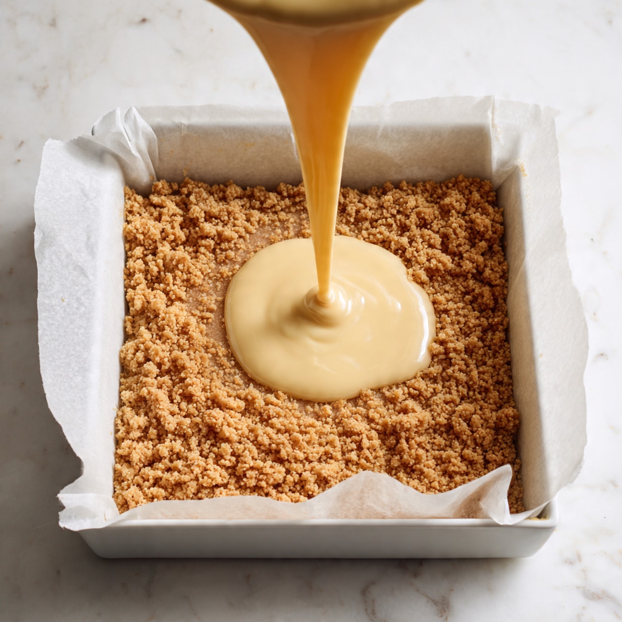 A white square baking dish is lined with parchment paper and filled with a thick crumbly base layer that looks golden brown and rough in texture. From above, a smooth, creamy, pale yellow batter is being poured in a steady stream onto the crumbly layer, creating a glossy, freshly poured, forming puddle in the middle. The dish is placed on a white marbled surface, and the lighting highlights the soft texture of the batter and the crumbs beneath it. Photo taken with an iphone --ar 4:5 --v 7
