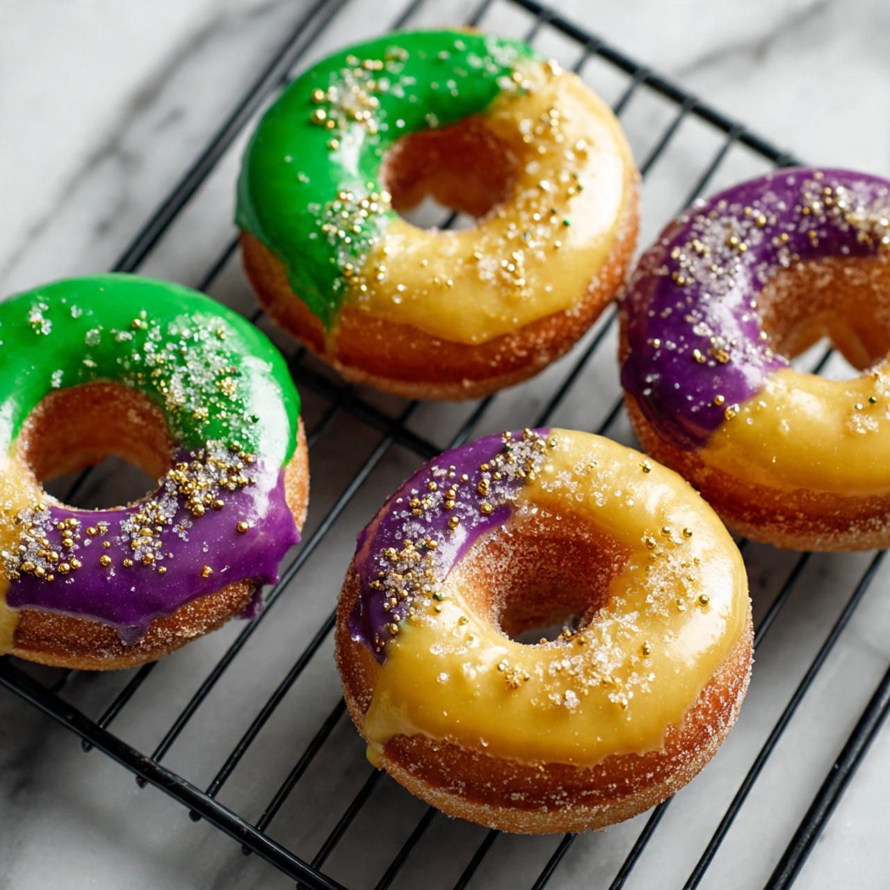 The image shows four donuts placed on a black cooling rack over a white marbled surface. Each donut is covered with a smooth icing layer divided into three parts with bright colors: green, purple, and yellow, resembling a Mardi Gras theme. The icing has a slightly shiny texture and is sprinkled with fine sugar crystals that add sparkle and texture. The donuts have a golden-brown base and a soft, fluffy appearance with some dripping icing at the edges. Photo taken with an iphone --ar 4:5 --v 7