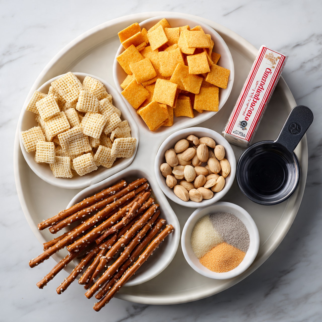 A white round tray with five sections sits on a white marbled surface. The top left large section holds pale yellow, square cereal pieces with a woven texture. The top right large section is filled with bright orange square-shaped crackers that look crunchy. The bottom large section contains medium brown pretzel sticks with visible salt crystals. The smaller top middle section holds light brown roasted peanuts, some with skins, and the smaller top right section has a white bowl with three powders colored light tan, beige, and orange. Beside this bowl is a small black measuring cup with a dark liquid inside, and next to it is an unopened stick of salted butter with red text on white wrapping. photo taken with an iphone --ar 4:5 --v 7