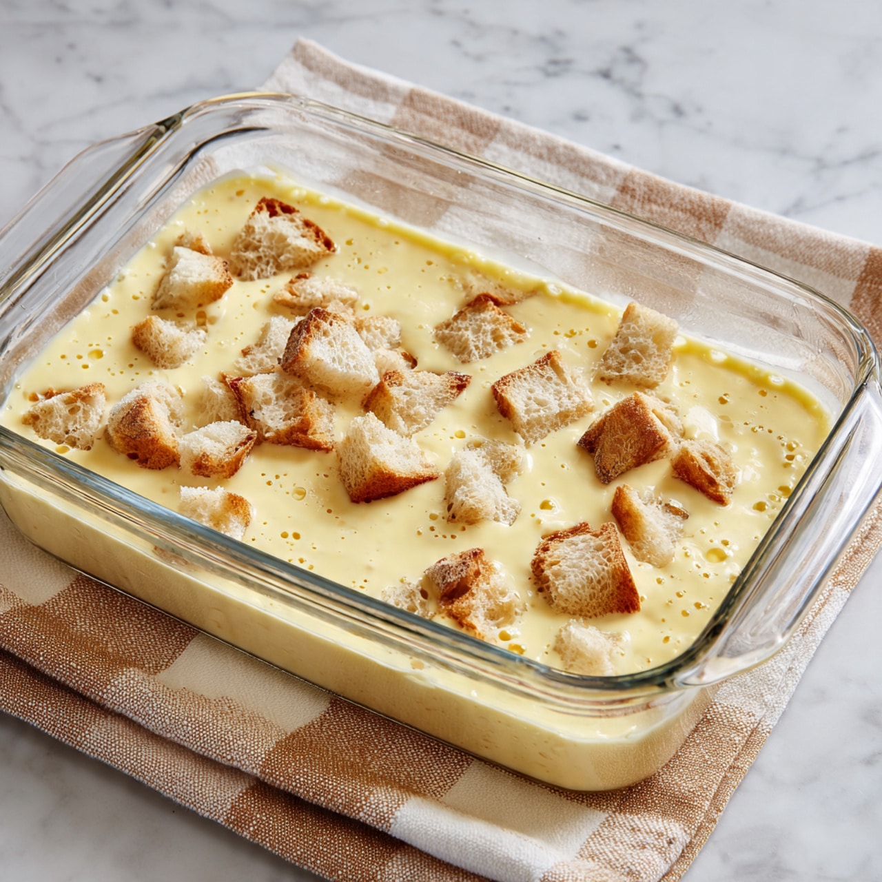 A clear glass rectangular dish filled with a creamy yellow custard-like mixture that partially covers small chunks of light brown bread pieces spread evenly throughout the dish. The surface of the liquid looks smooth with some bubbles visible, and the dish is placed on a beige and white checkered cloth over a white marbled surface. The edges of the glass dish are neatly visible, showing the depth of the creamy mixture and bread inside. photo taken with an iphone --ar 4:5 --v 7