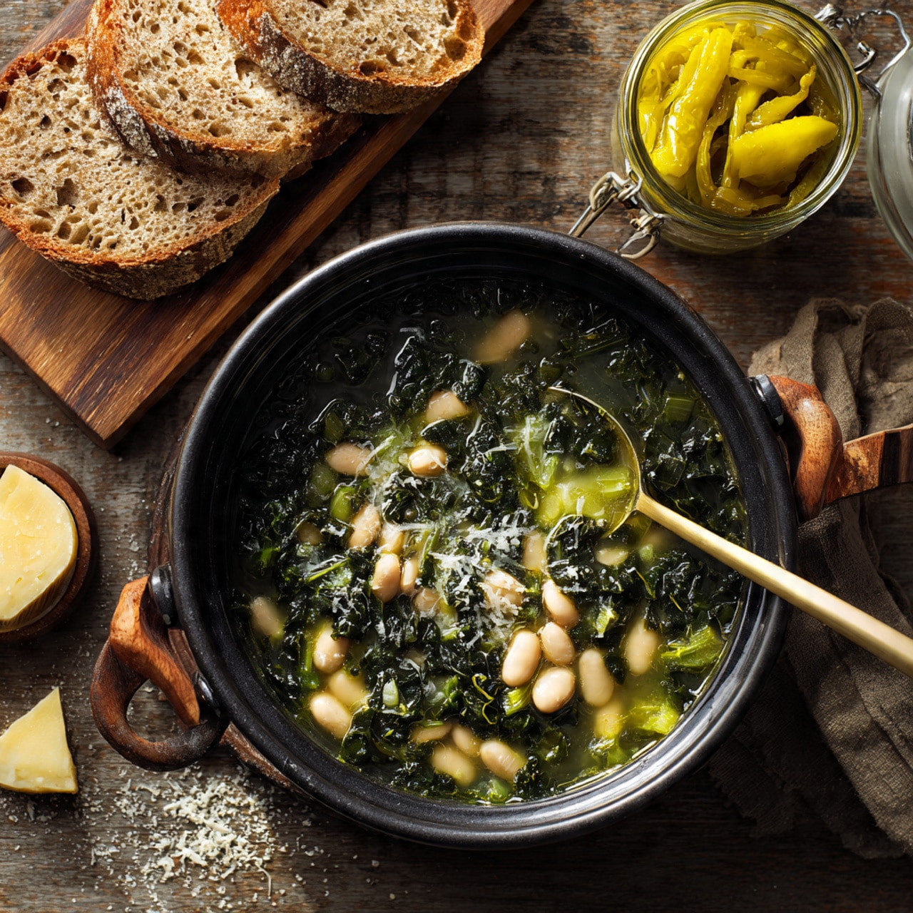 The image shows a small white bowl filled with a soup made of white beans and dark green leafy vegetables in a light brown broth. The bowl has two short handles and is placed on a gray and white striped cloth with a silver spoon and butter knife beside it. Behind the bowl, there is a block of white cheese and an open jar with a spoon inside, containing a yellow-green liquid, likely oil. In the background, slices of brown bread with a light dusting of flour are stacked on a wooden board next to a black pot filled with the same soup, visible with a wooden spoon inside it. All items are placed on a white marbled texture. Photo taken with an iphone --ar 4:5 --v 7